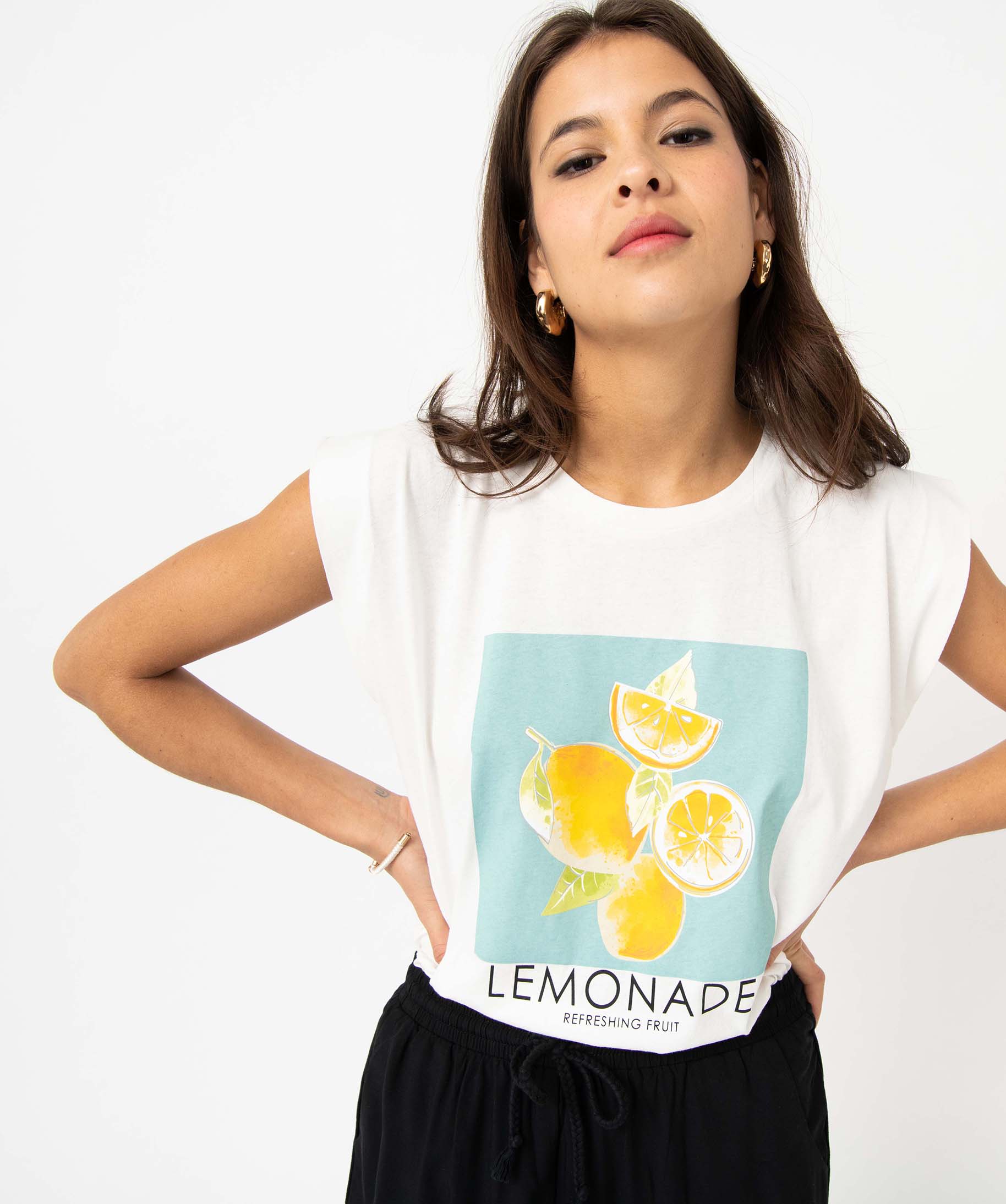Tee-shirt manches courtes coupe loose en coton imprimé femme imprime | GEMO