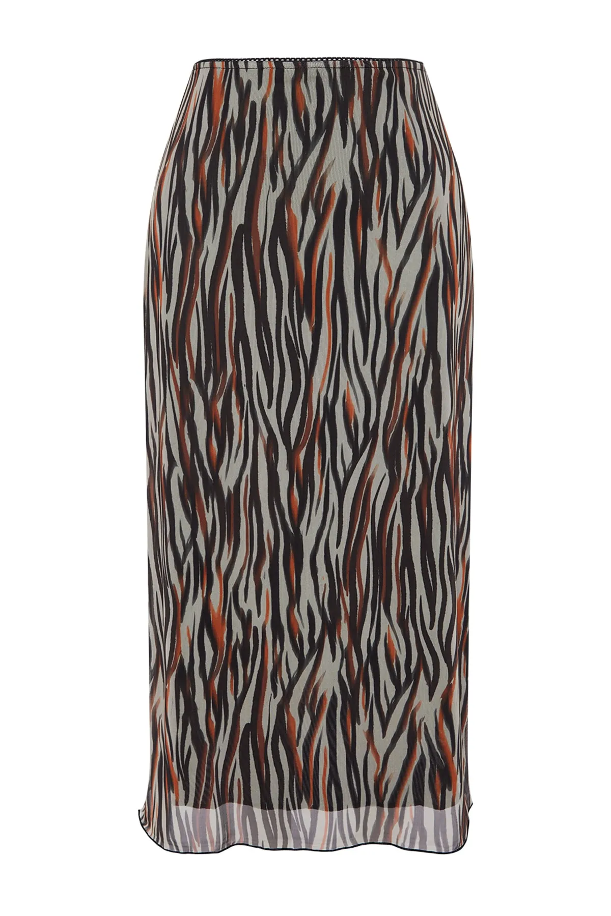 Trendyol Collection  Brauner bedruckter Midi-Strickrock aus gefüttertem Tüll mit elastischer Taille TWOAW24ET00006
