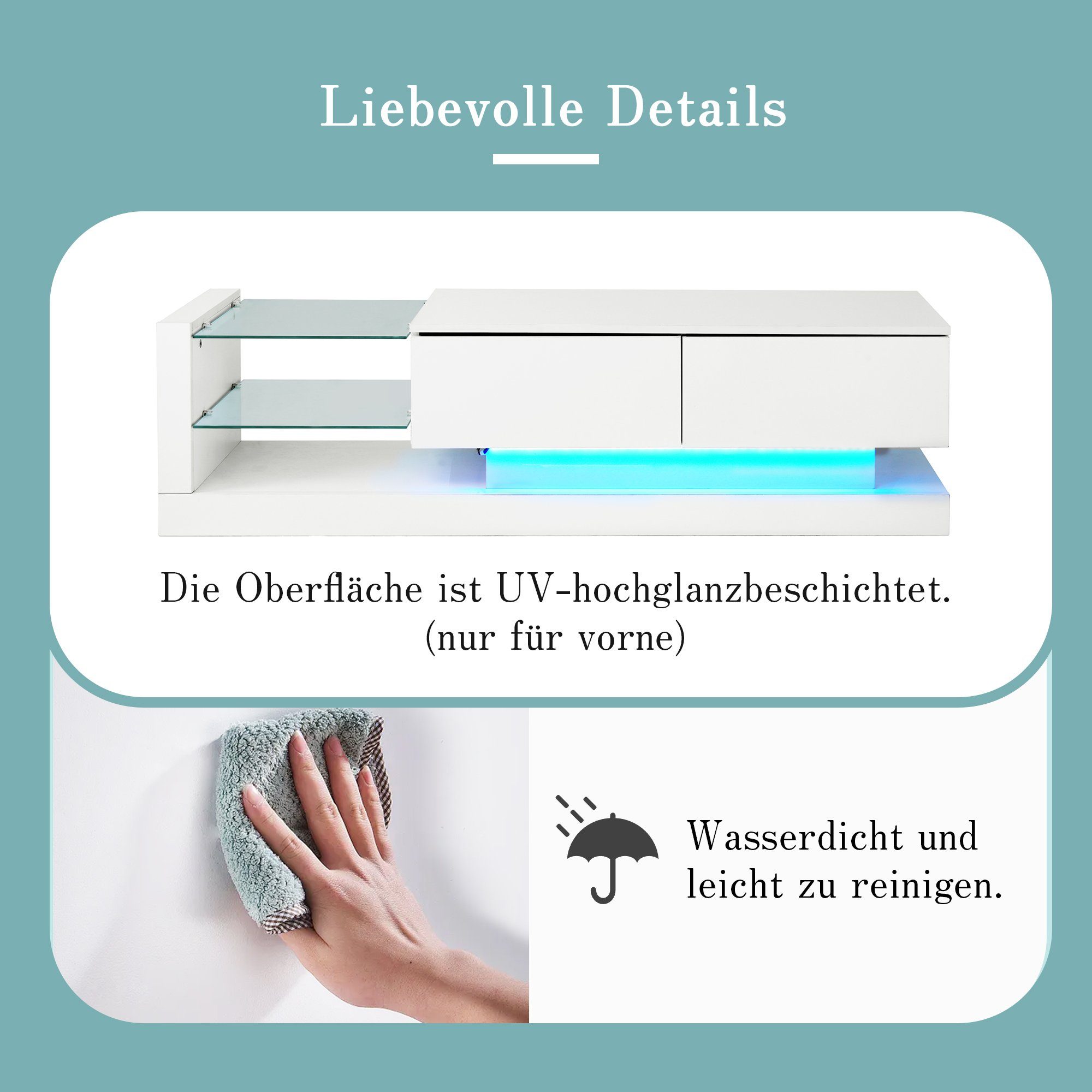 REDOM TV-Schrank TV-Schrank hochglanz mit Klapptüren (Breite:140cm) TV-Schrank, mit Glasablagen und LED-Beleuchtung