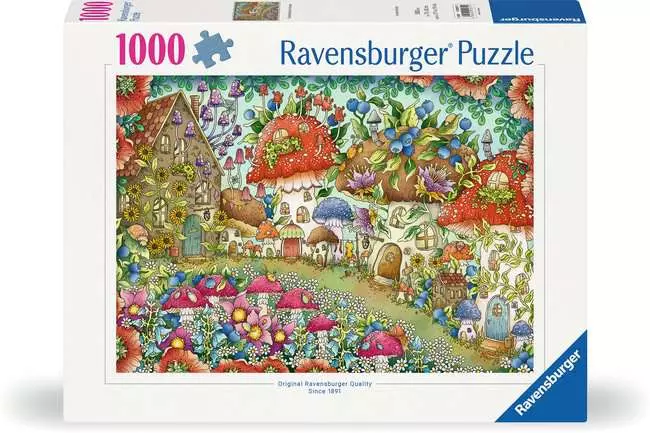 Puzzle 1000 Teile - Niedliche Pilzhäuschen in der Blumenwiese