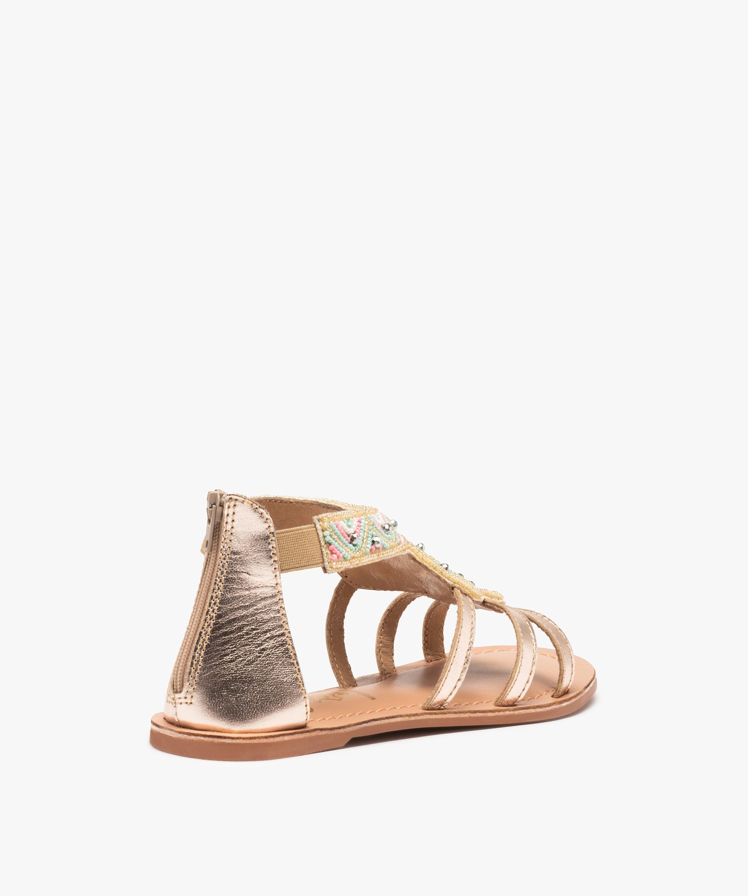Sandales fille à talon plat et dessus perlé contrefort zippé or | GEMO