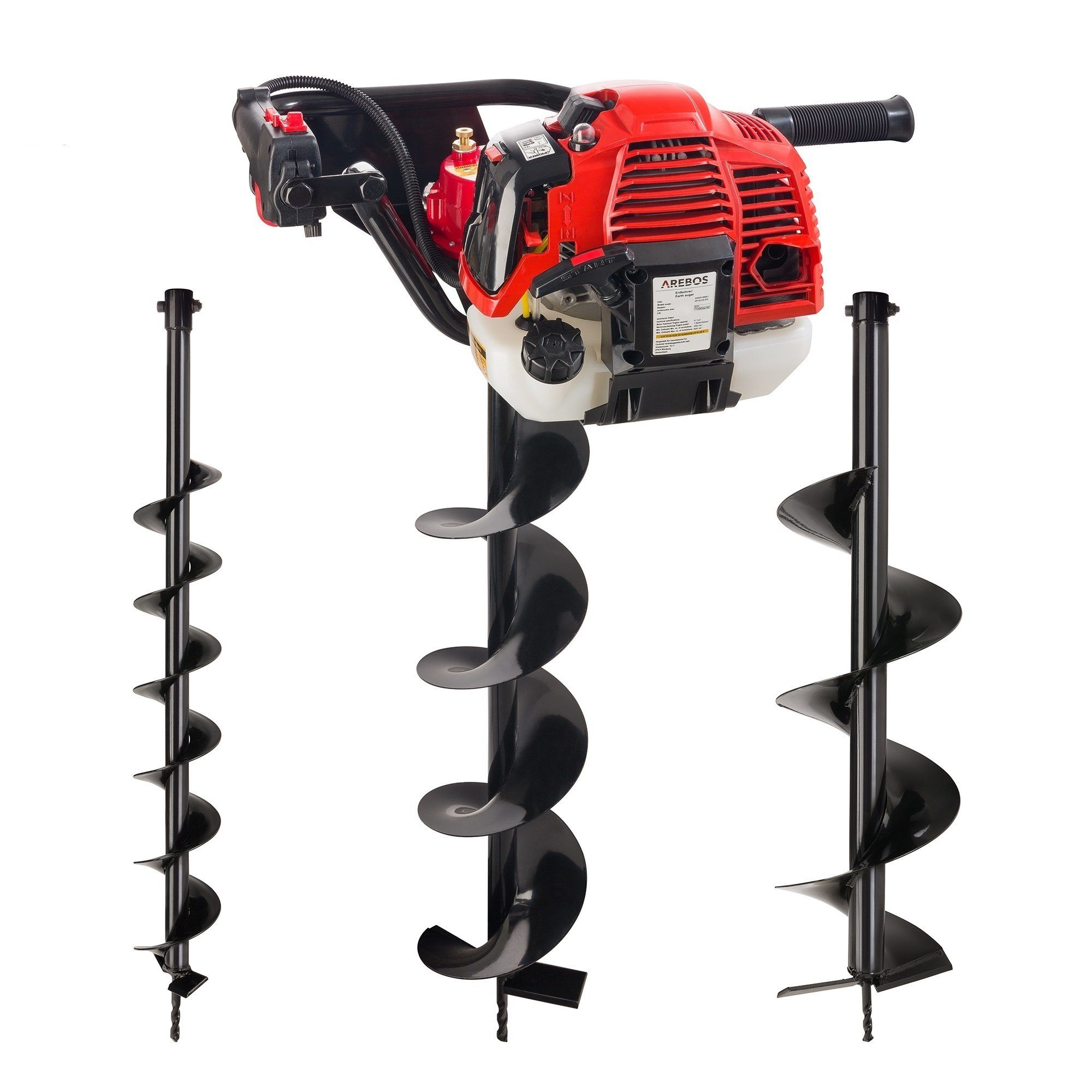 Arebos Erdbohrer Benzin, mit Ölstandglas, Spritpumpe und Entlüftungsventil, 3x Bohreraufsätze (100, 150 und 200 mm), 1x Toolkit