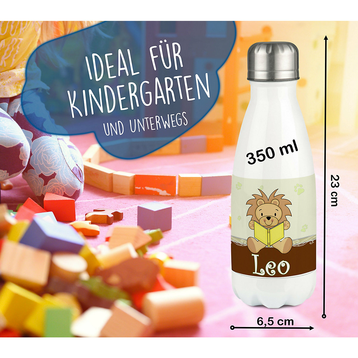 Edelstahl Kinder Thermoflasche / Trinkflasche bunt Leselöwe Farbe braun Spülmaschinenfest, Auslaufsicher, Bruchfest, Doppelwandig, Für Heißgetränke geeignet, Mit Deckel, Isoliert