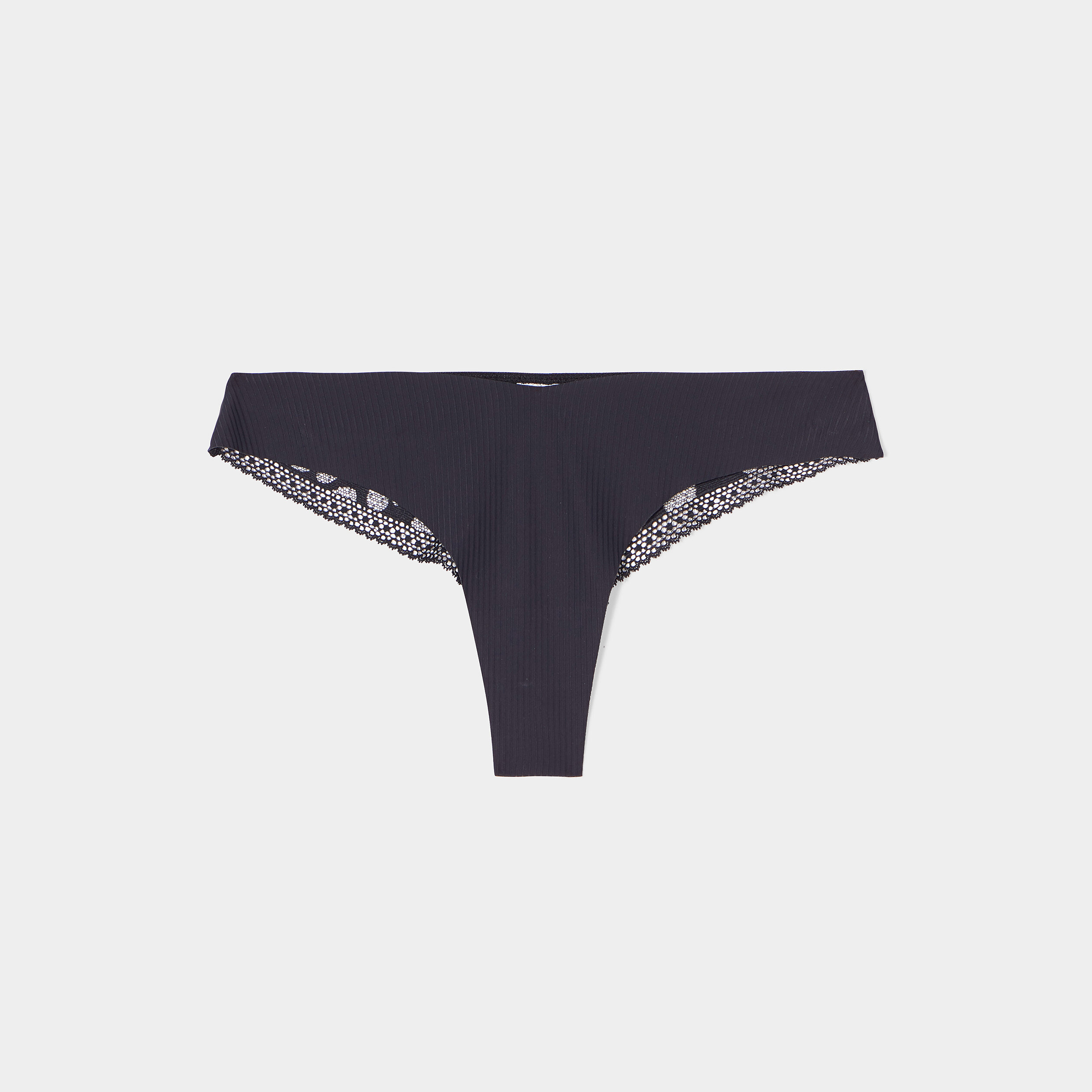 Tanga côtelé avec dentelle noir femme | La Halle