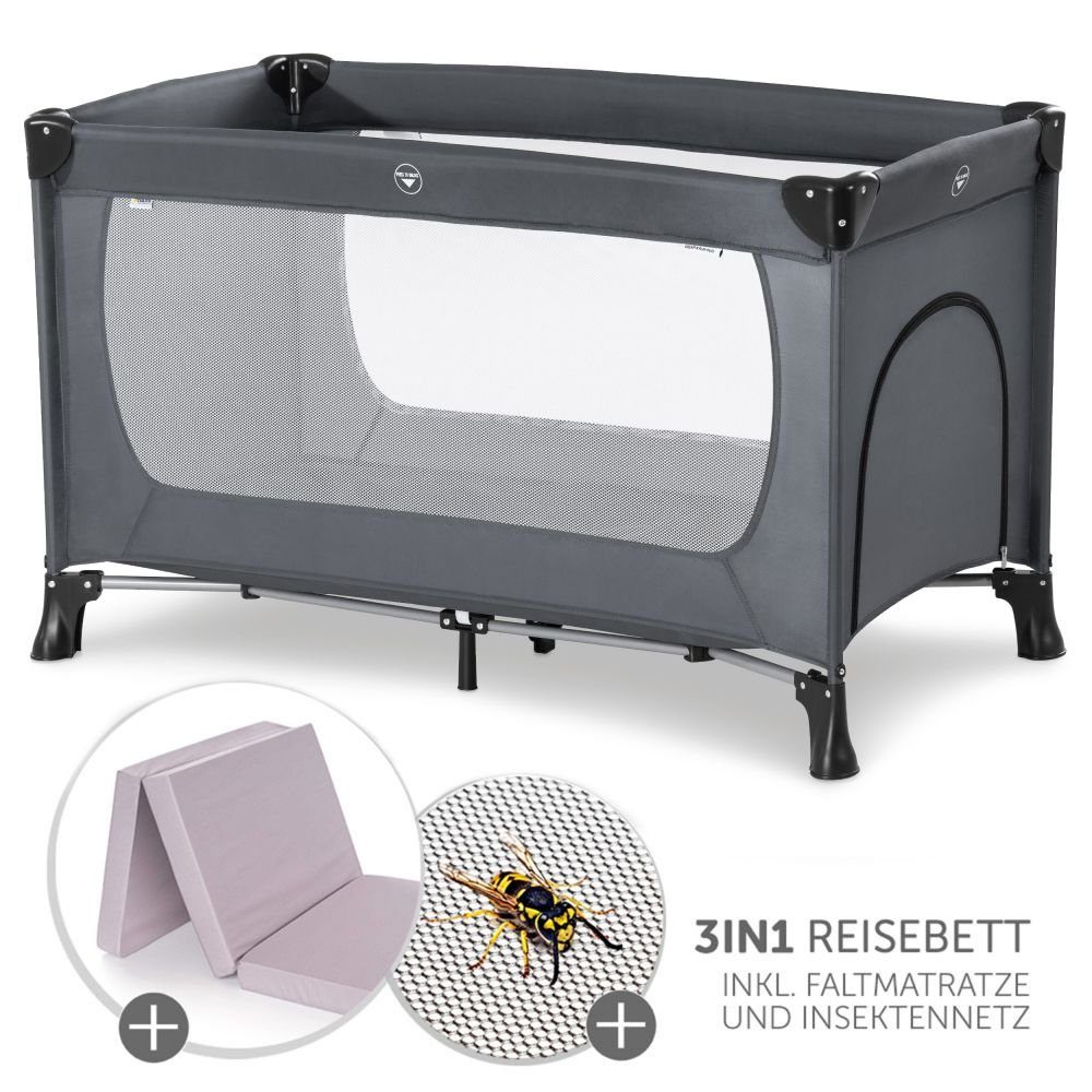 Hauck Baby-Reisebett Dream'n Play Plus - Grey, 3-tlg., Kinderreisebett mit Reisebett Matratze, Moskitonetz Tasche & Einstieg