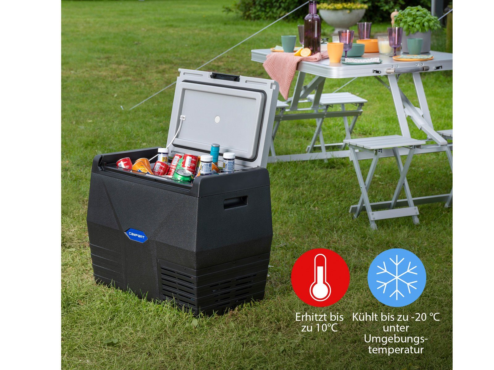 Campart Elektrische Kühlbox, 35 l, groß für Auto & Camping Kompressor Elektro 12V & 220-240V Klappständer