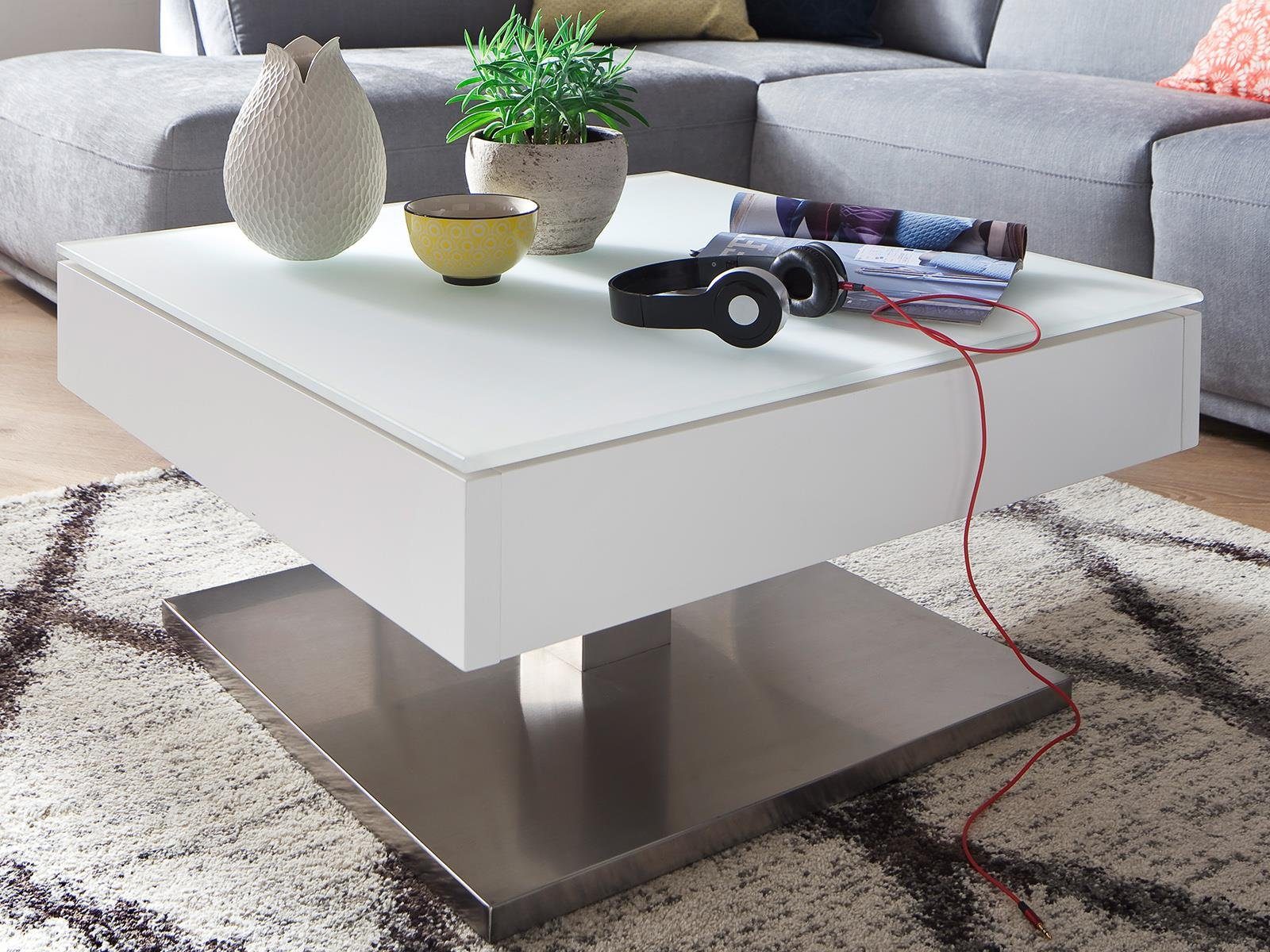 möbelando Couchtisch Marcie, Moderner Couchtisch aus MDF in Weiß matt lackiert, Deckplatte aus Sicherheitsglas, Sockel aus Metall in Edelstahl-Optik gebürstet mit MDF Kern. Breite 75 cm, Höhe 38 cm, Tiefe 75 cm