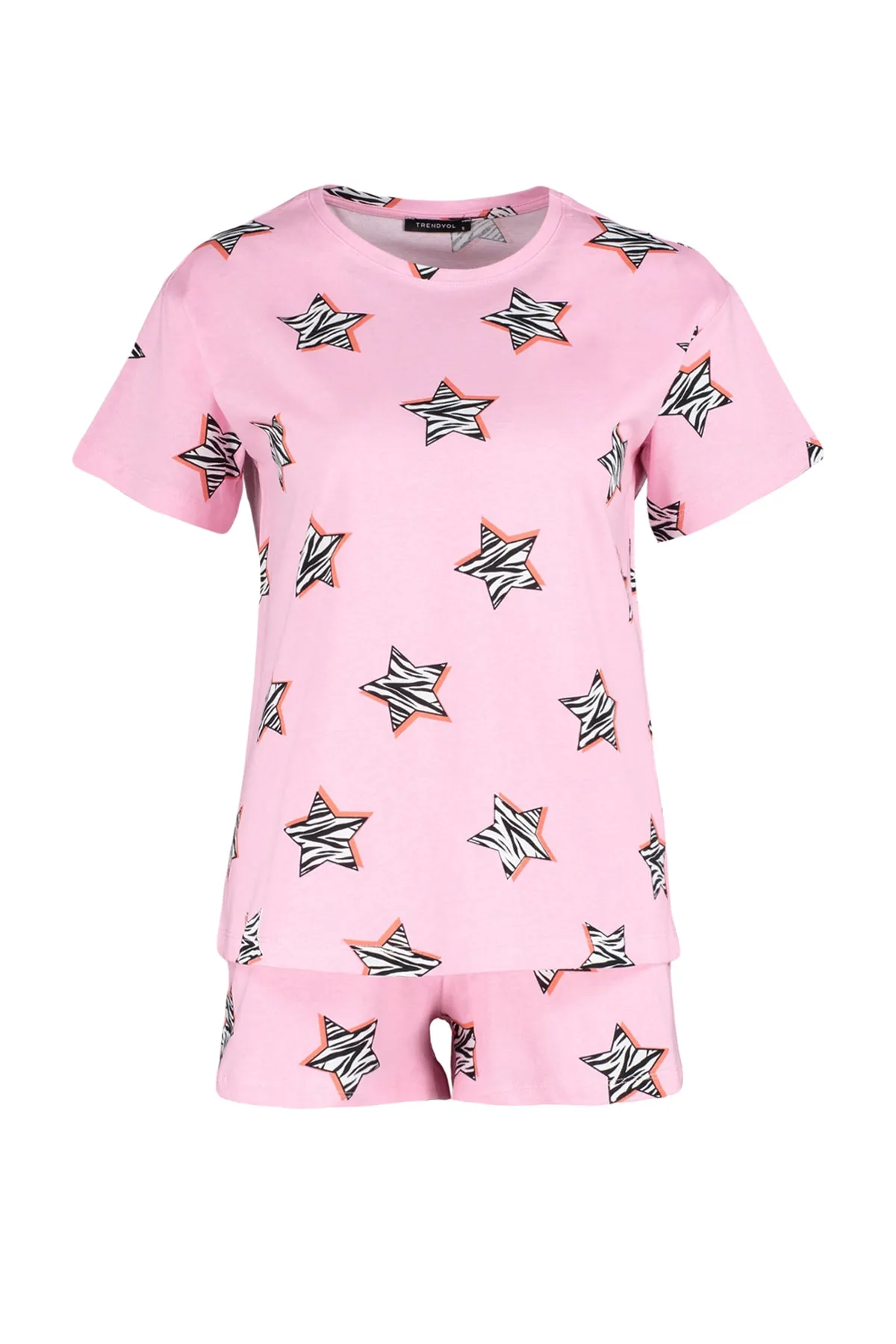 Trendyol Collection  Rosa gestricktes Pyjama-Set mit T-Shirt und Shorts aus 100 % Baumwolle mit Sternmuster THMSS23PT00005