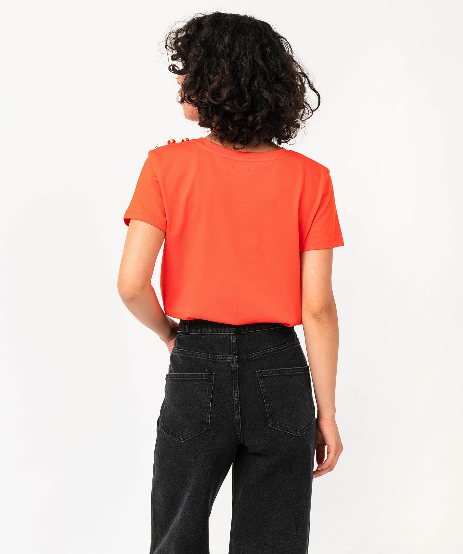 Tee-shirt manches courtes à boutons décoratifs femme orange | GEMO