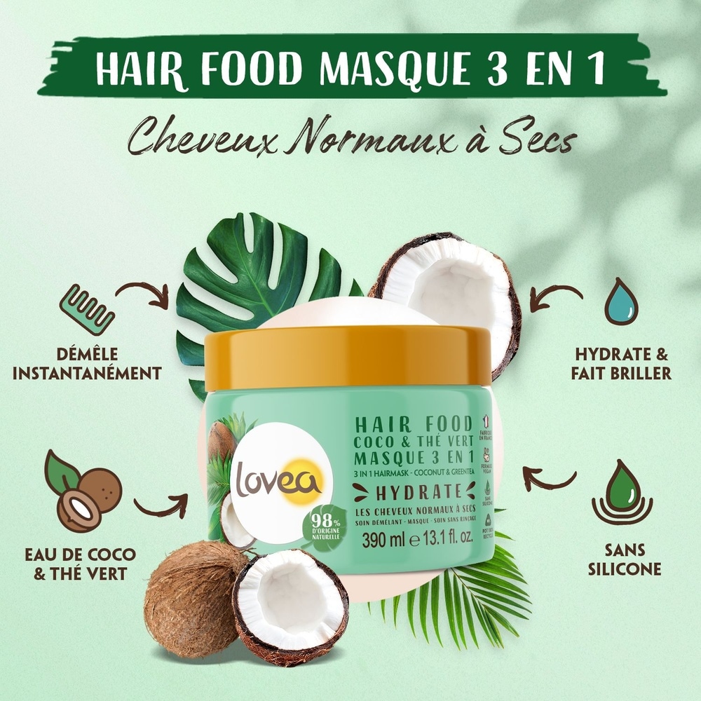 lovea Hair Food Coco & Thé Vert Masque 3 en 1 Masque Capillaire - Cheveux Normaux à Secs