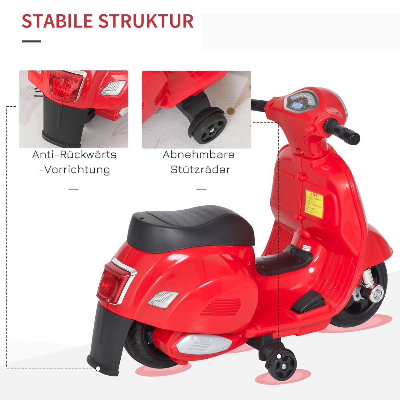 HOMCOM VESPA Elektromotorrad Kindermotorrad Elektrofahrzeug 18-36 Monate 3 km/h LED-Licht Sound PP-kunststoff Metall Rot 66,5 x 38 x 52 cm