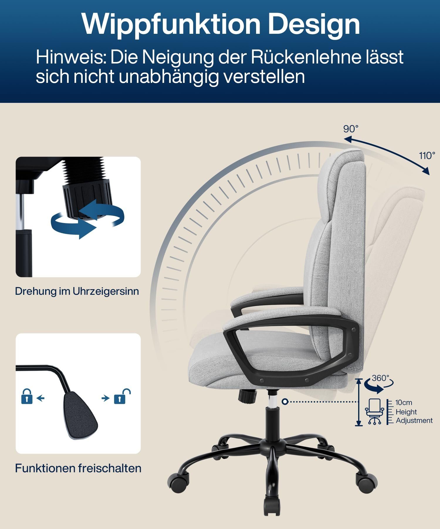 Fangqi Gaming-Stuhl Bürostuhl,360° drehbar, Rückenlehne 90°-110° neigbar, mit Kopfstütze, Mit gepolsterten Armlehnen, leise Rollen,Hochdichtes Netzgewebe