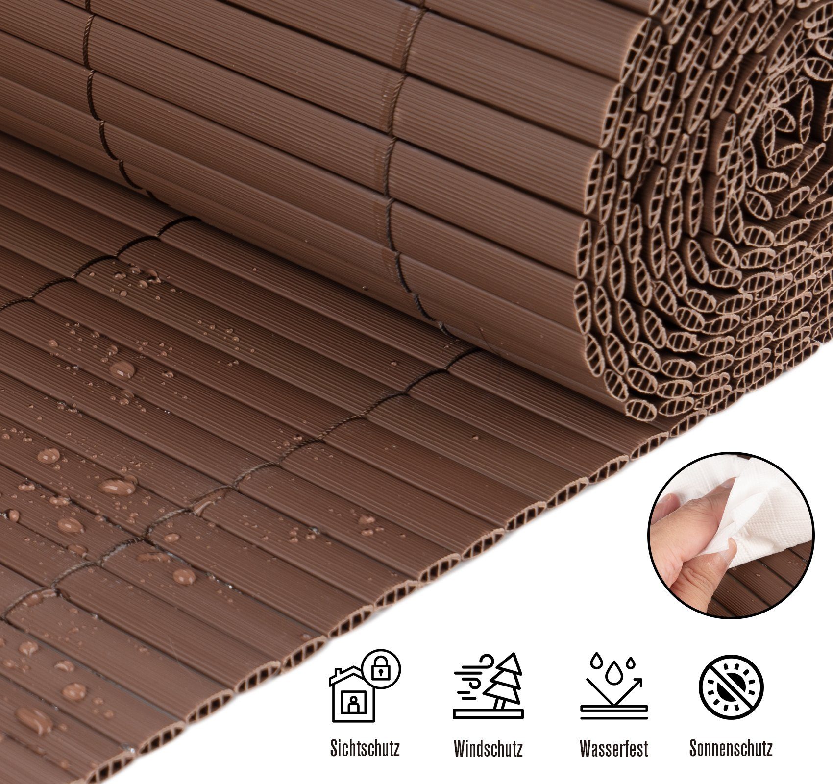 Homewit Balkonsichtschutz PVC Sichtschutzmatte mit Bindern Windschutz Wasserdicht ohne Bohren Doppelte Verstärkung Innen (Schwarz/Braun/Naturholzfarben)