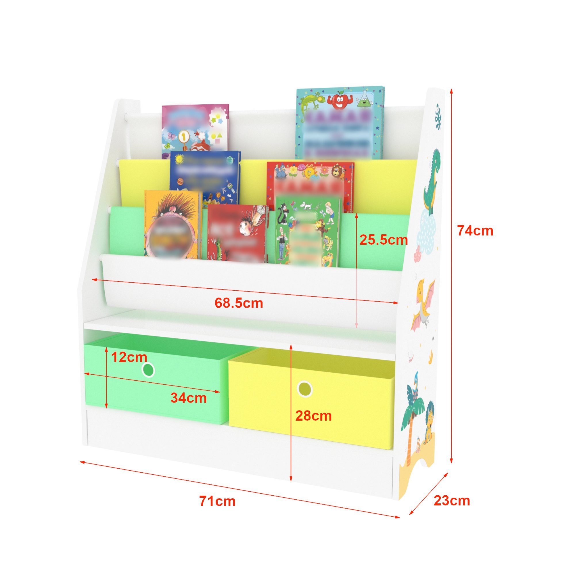en.casa Bücherregal, Neda Kinderregal 74x71x23 cm mit Dinosaurier-Motiv Weiß/Grün/Gelb