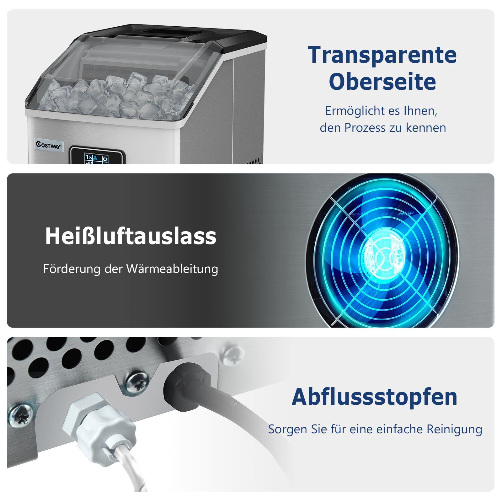 COSTWAY Eiswürfelmaschine, 2,4L, 22kg/24H, 24 Eiswürfel/15min, mit Schaufel