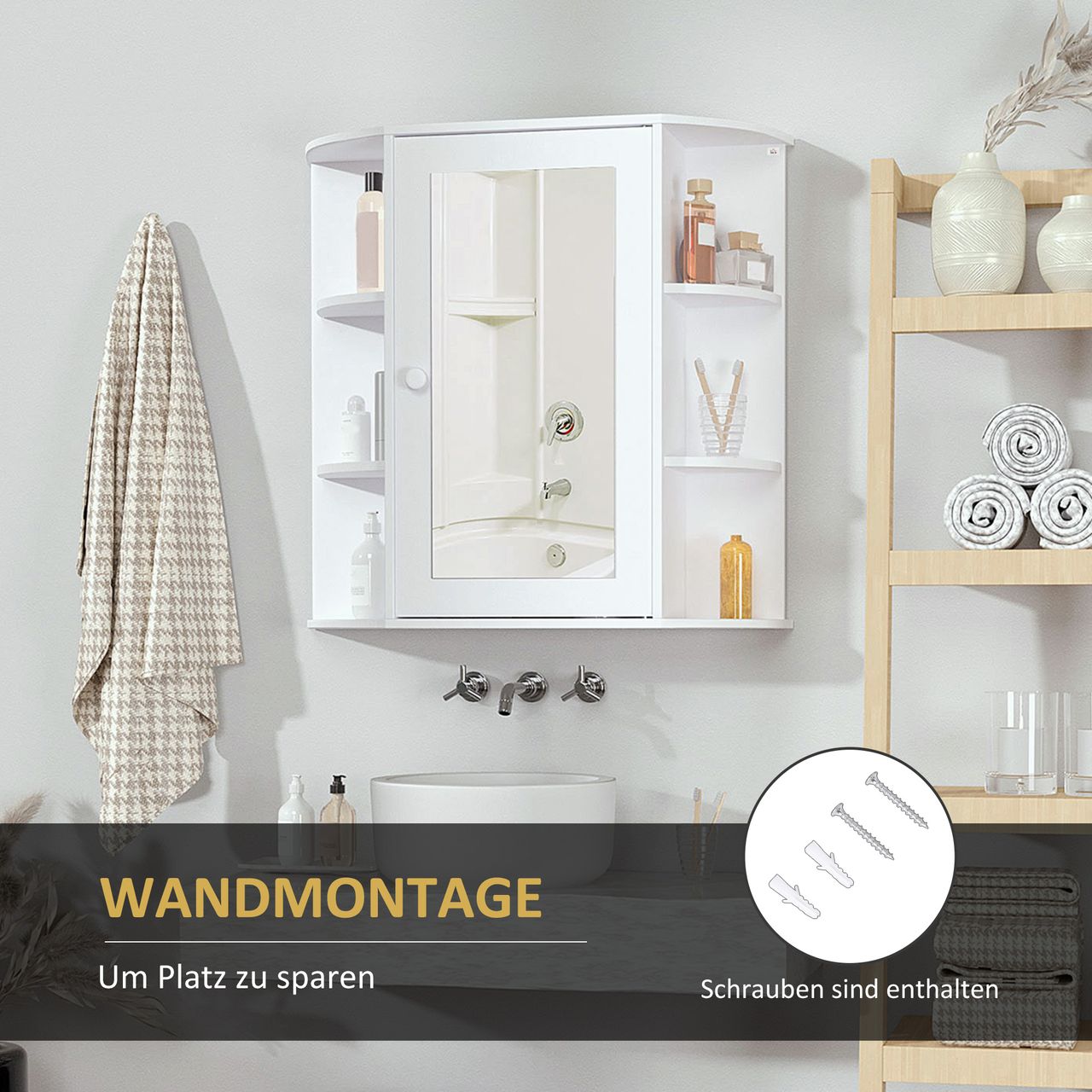 HOMCOM Spiegelschrank Badezimmerregal Badeschrank Wandmontage MDF Weiß