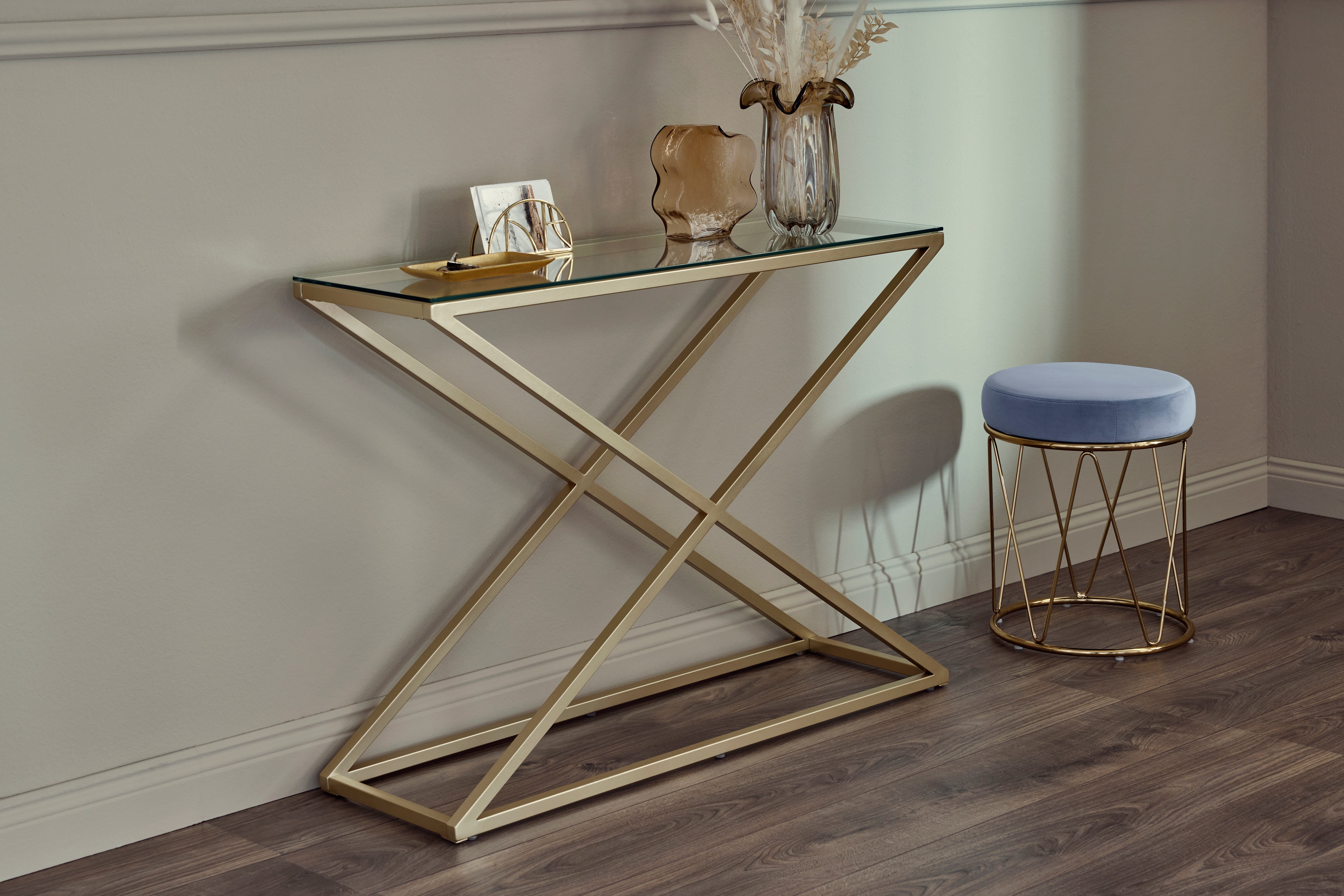 Jahnke Konsolentisch XTRA CONSOLE (1-St), Konsole/Beistelltisch in Gold-Look, aus Sicherheitsglas gefertigt
