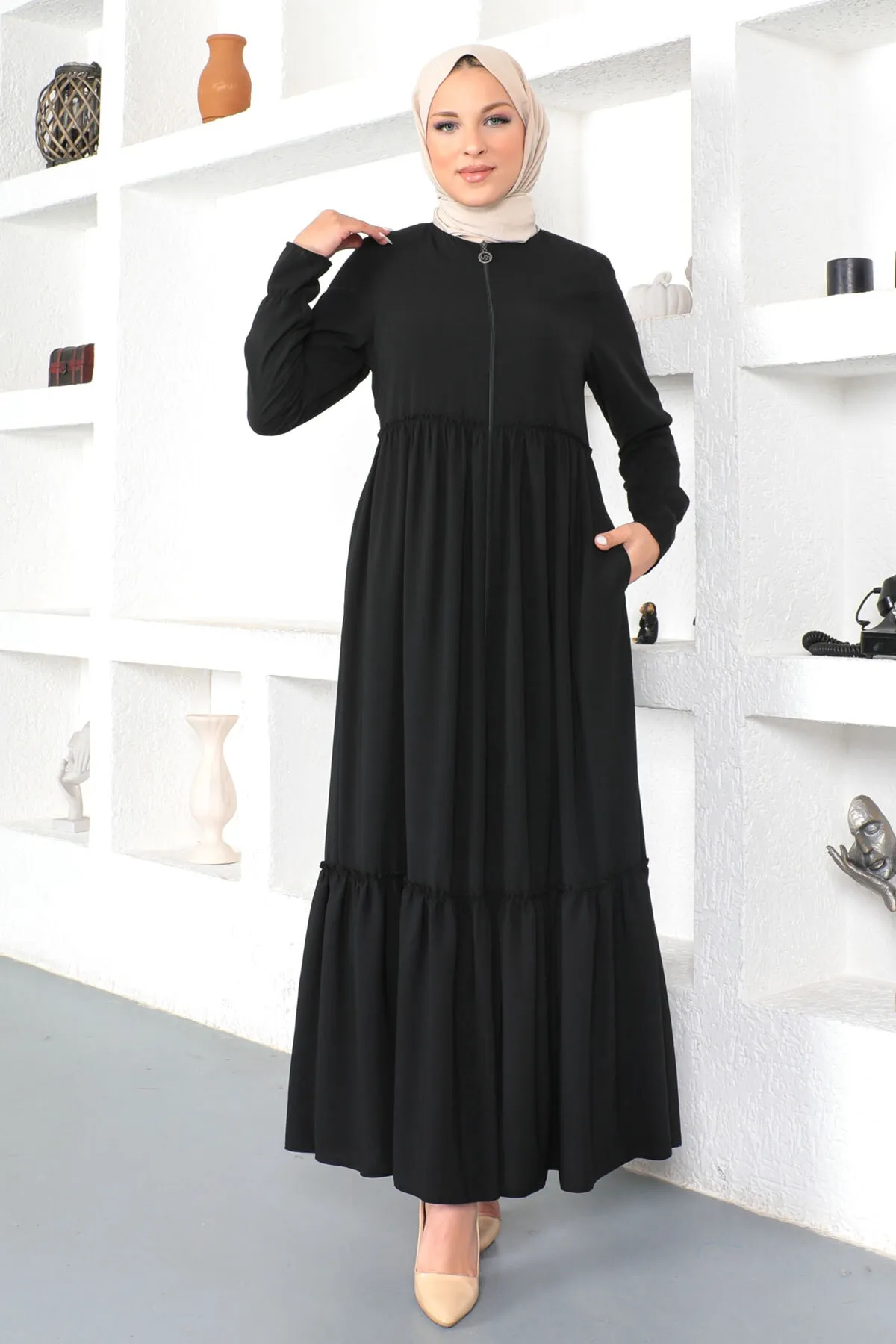 Tesettür Dünyası  Volant Hijab Abaya Tsd230335 Schwarz