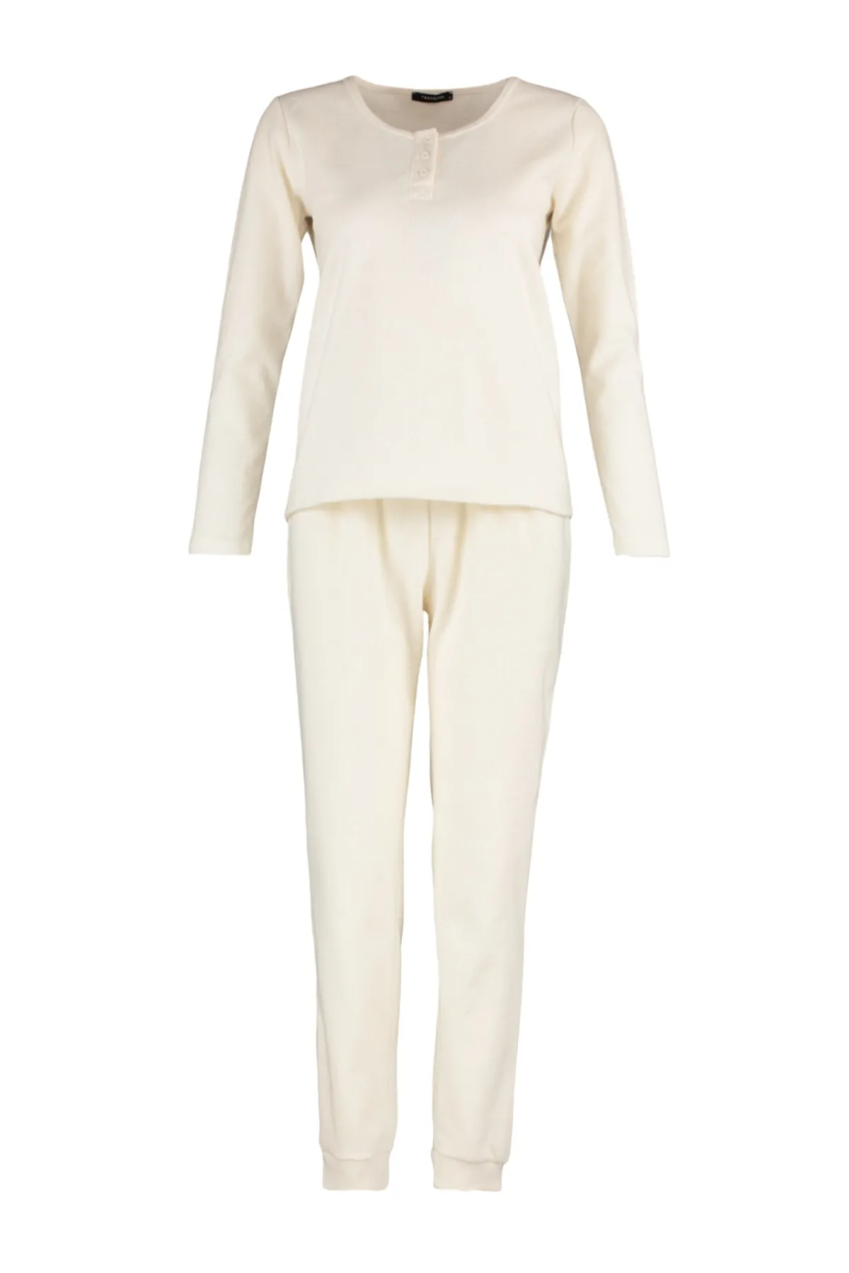 Trendyol Collection  Ecrufarbenes Thessaloniki-Pyjama-Set aus Strick mit Knopfdetail THMAW23PT00020