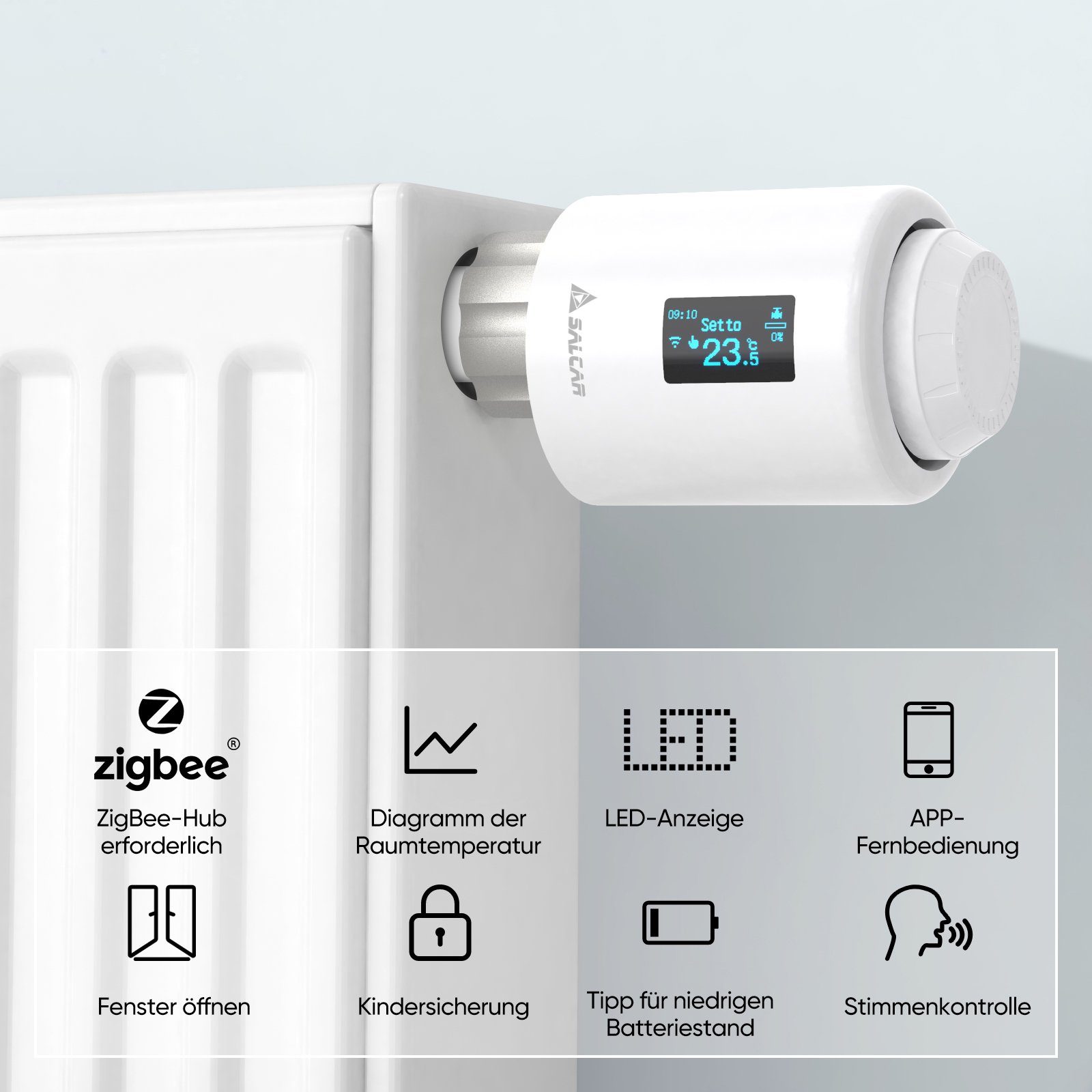 Salcar Heizkörperthermostat Smartes Heizkörperthermostat OLED-Display Tuya ZigBee Smart Heizkörper, Kompatibel Amazon Alexa & Google Assistant Programmierbarem Thermostat