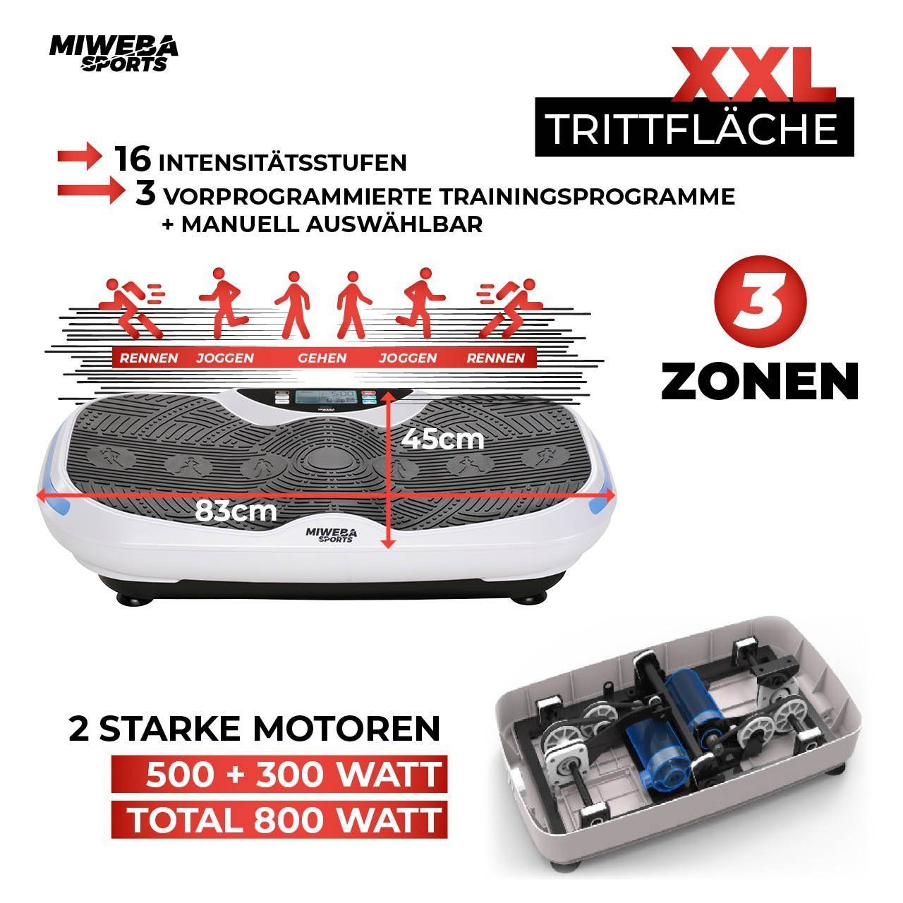 Miweba Sports Vibrationsplatte Profi Vibrationsboard MV300 inkl. Armband Fernbedienung - 4D-Vibration, 800 W, 16 Intensitätsstufen, (LED-Display, 120 kg max. Benutzergewicht, 4D-Wave-Vibration, 3 vordefinierte Trainingsprogramme, drei Vibrationszonen