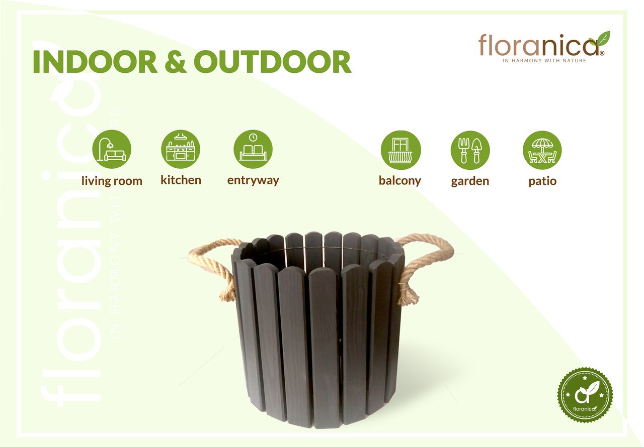 Pemicont Floranica Runder Blumentopf aus Holz 33x30cm Anthrazit Imprägnierte Kiefer Schutztopf für Kräuter Blumen Haus- und Gartendekoration Truhe Innen- und Außeneinsatz EU-Produkt
