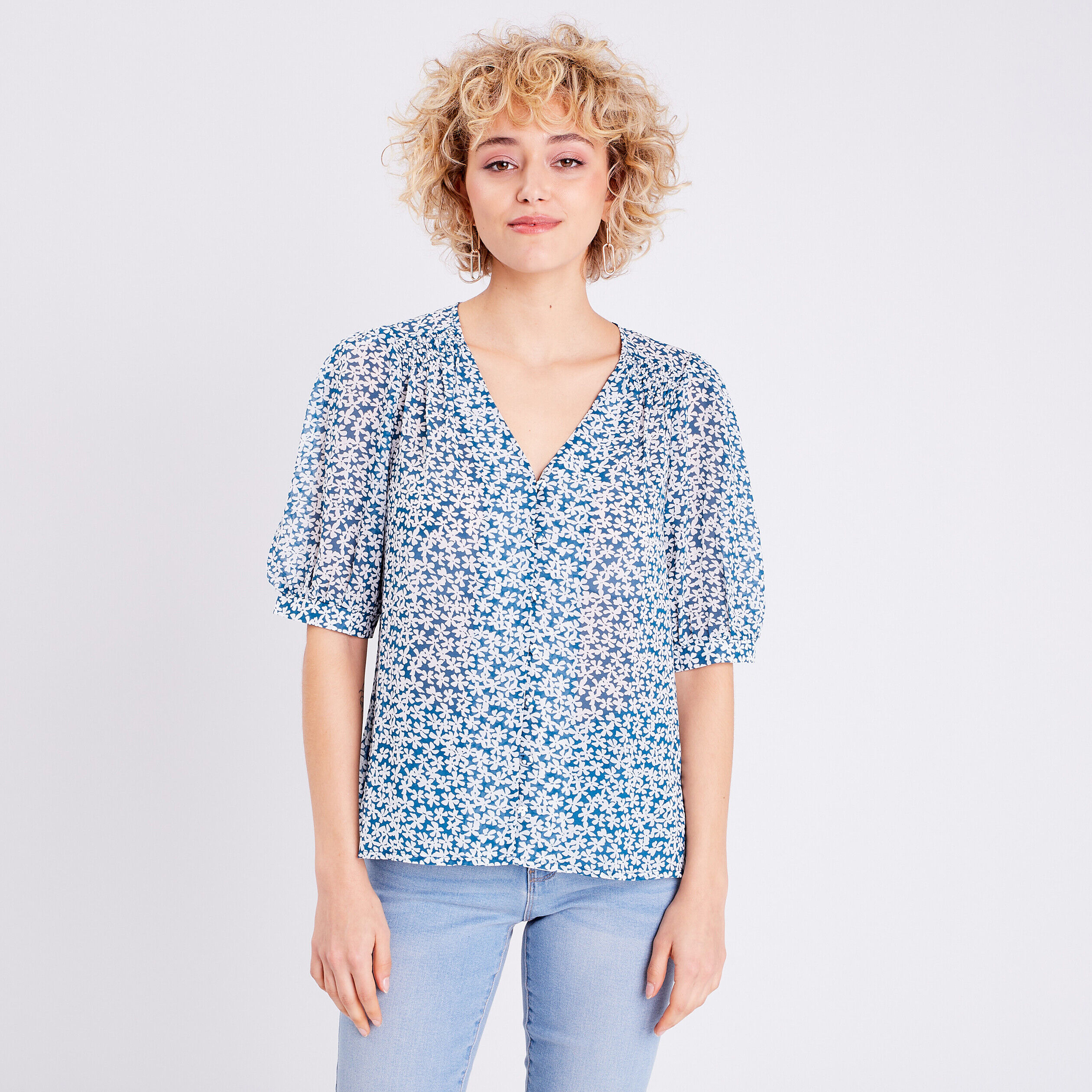 Blouse manches courtes bleu marine femme | Cache Cache