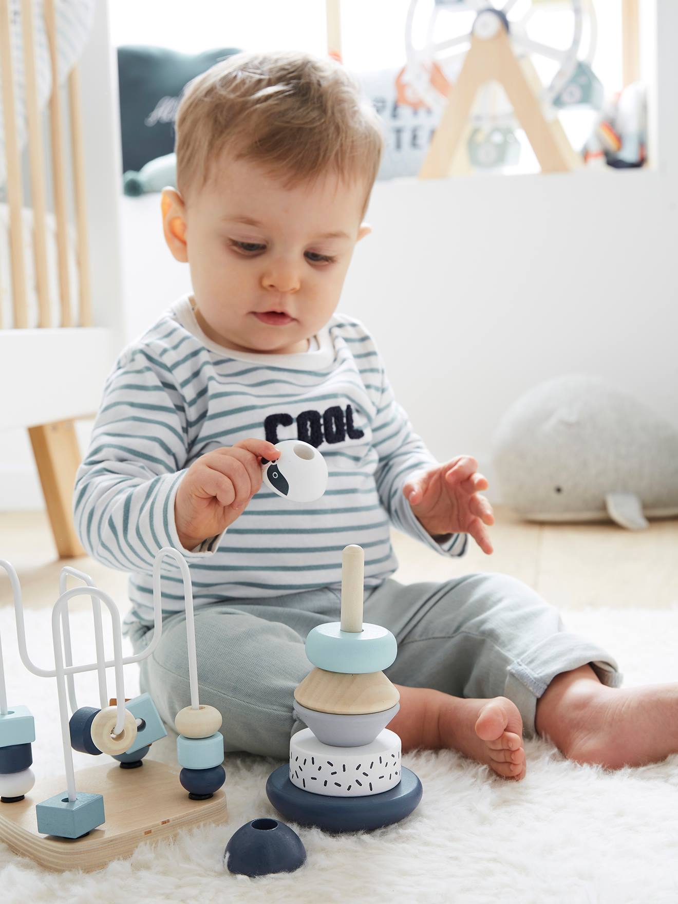 Vertbaudet 3-teiliges Baby Spielzeug-Set, Motorikspiele FSC - natur/blau