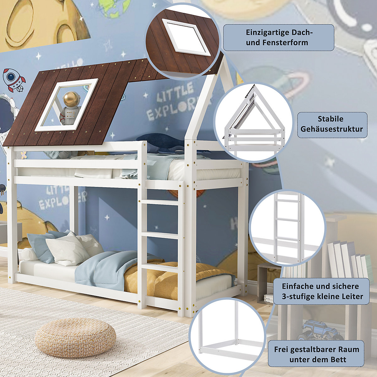 Hausbett Etagenbett mit rechtwinkliger Leiter und Fallschutz, aus Kiefernholz