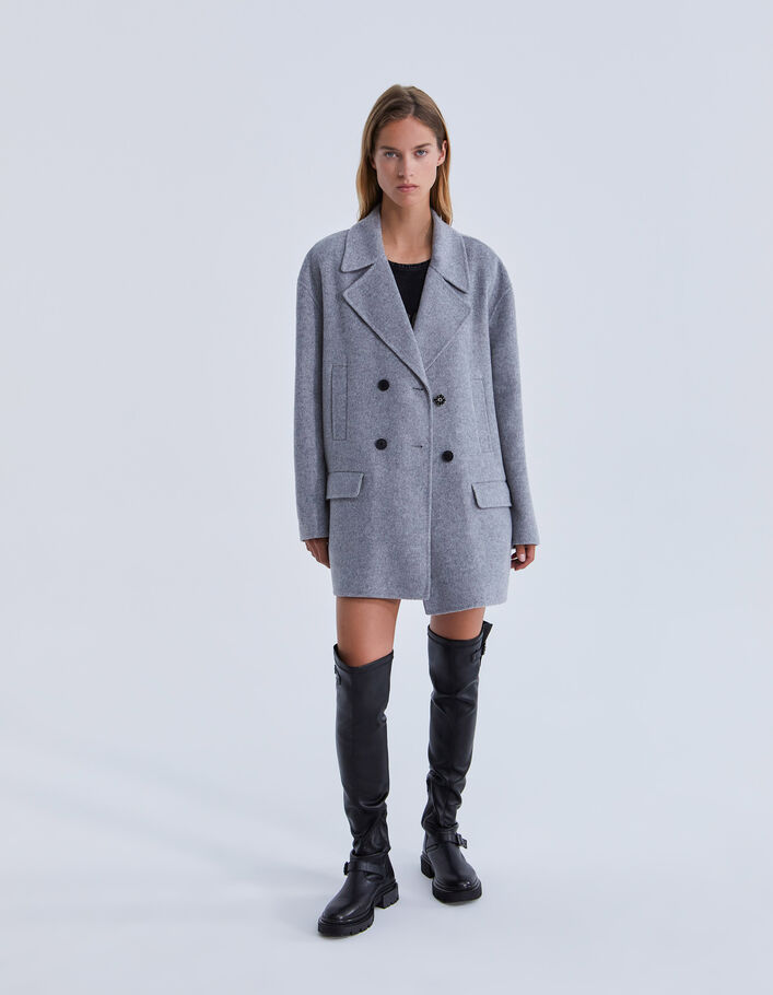 Manteau gris mi-long avec bijou strass Femme