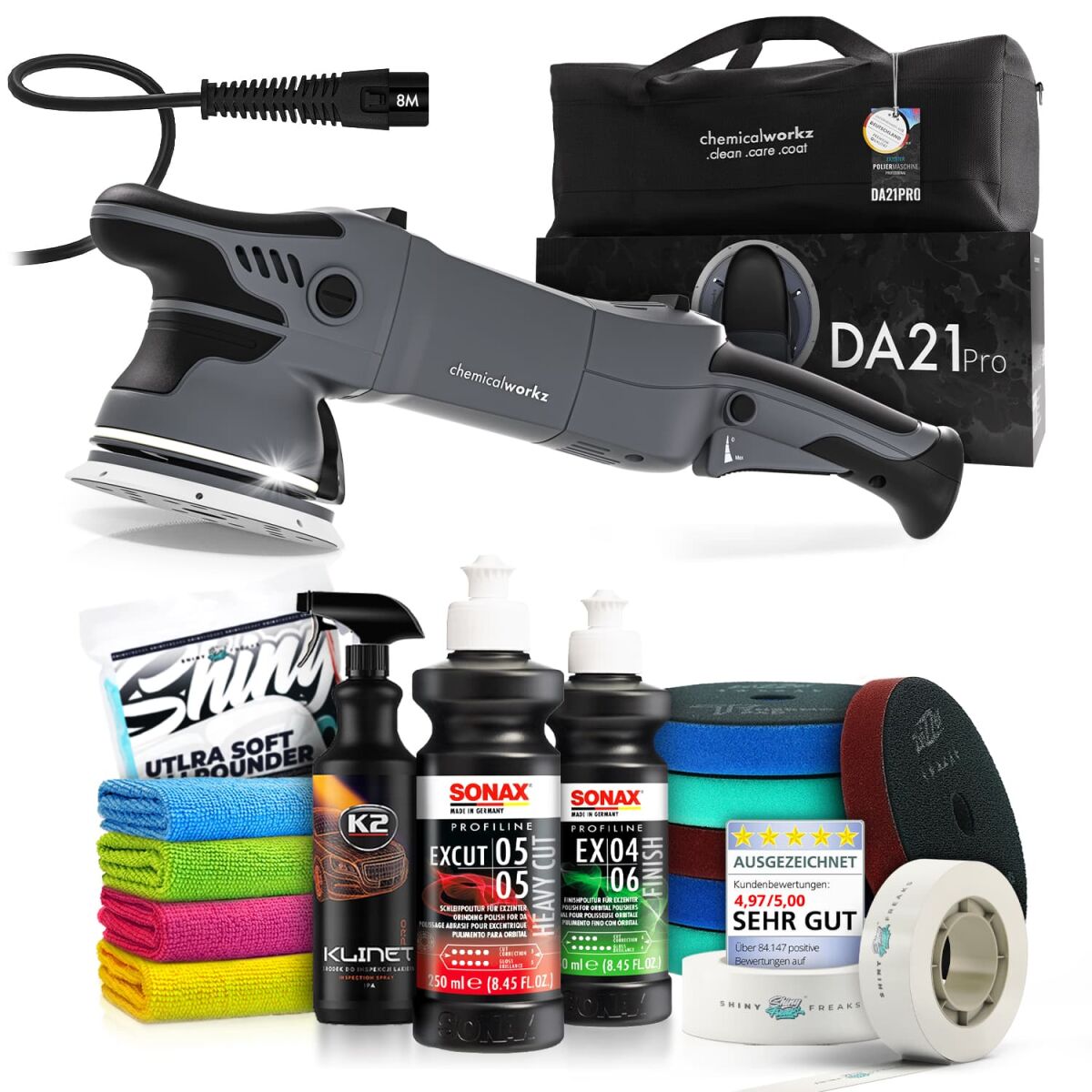 chemicalworkz DA21 Pro Poliermaschinen Set mit Sonax Polituren
