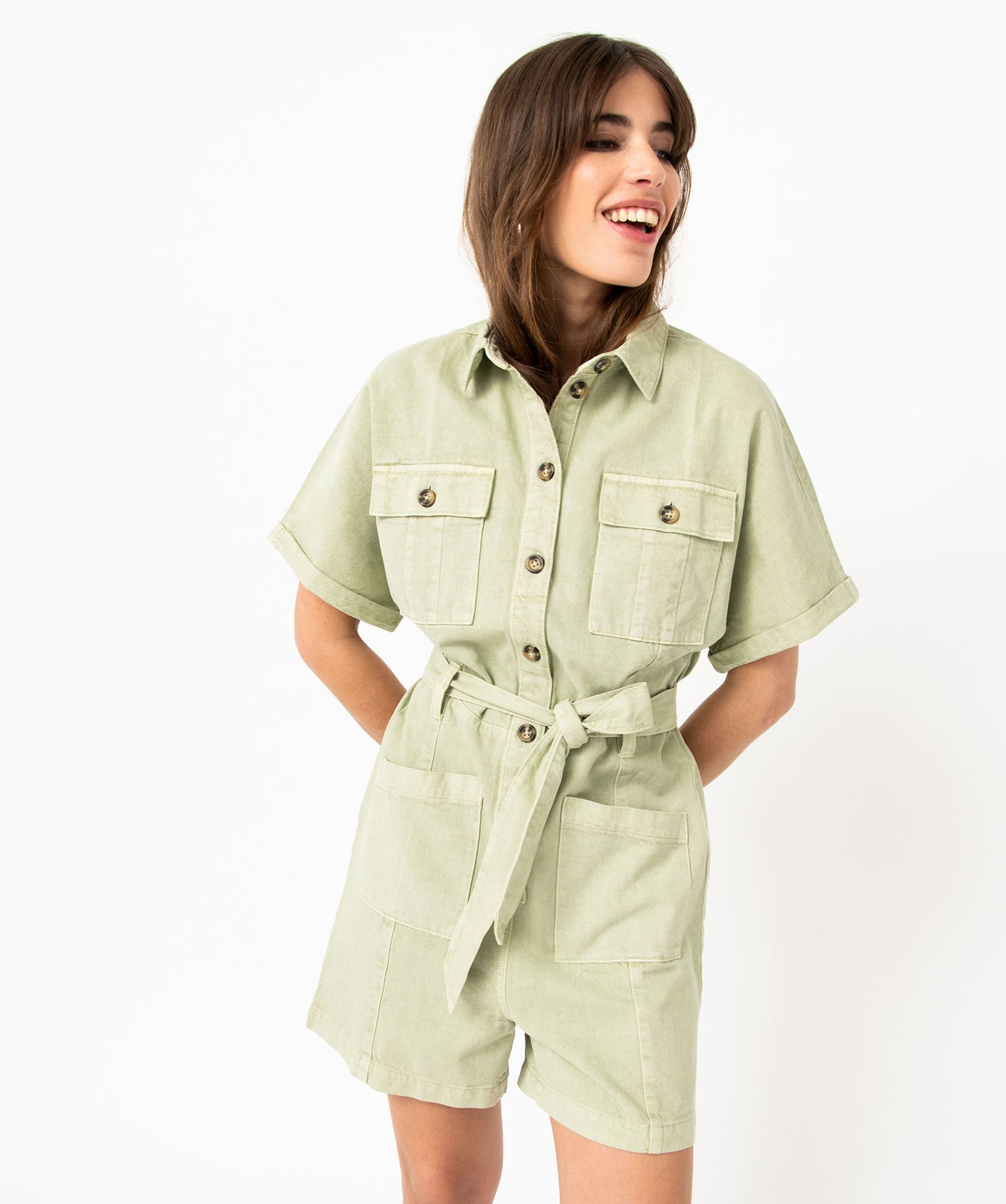 Combishort en toile denim à manches courtes femme vert | GEMO