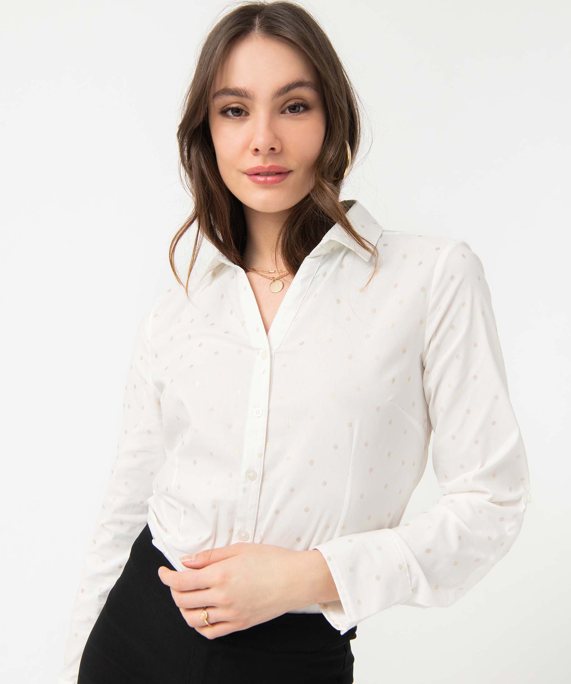 Chemise femme à motifs pailletés avec manches retroussables ecru | GEMO