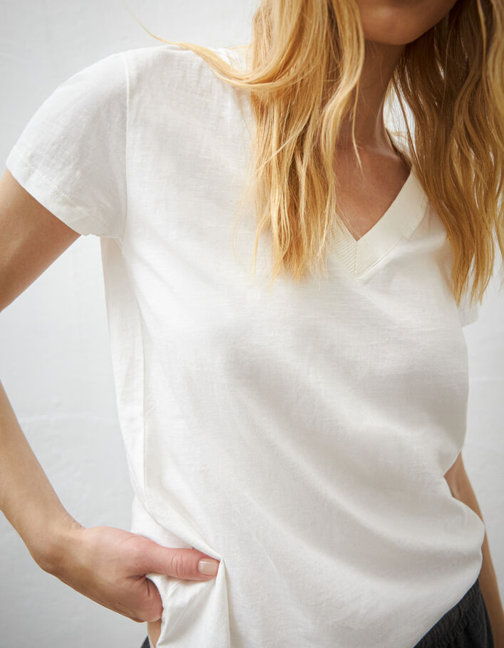 Tee-shirt blanc cassé en coton éclair brodé manche femme