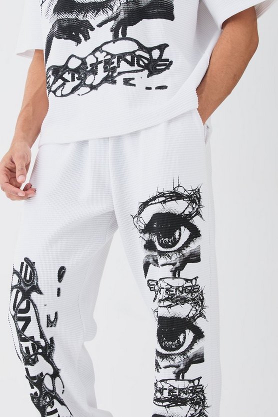 Kastige Oversize Jogginghose in Waffeloptik mit Print