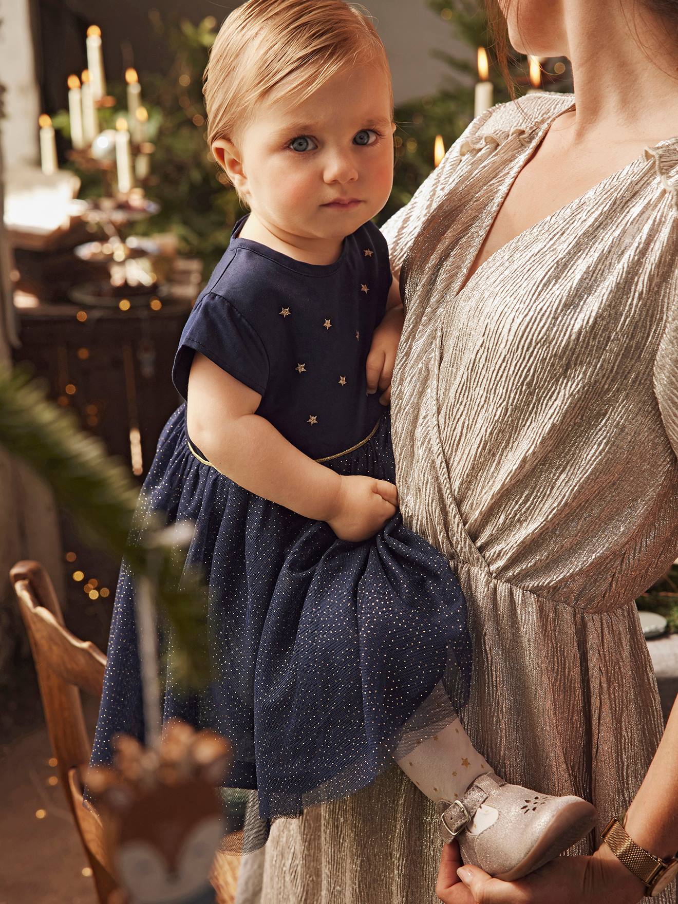 Robe de fête bébé en satin et tulle irisé bleu nuit