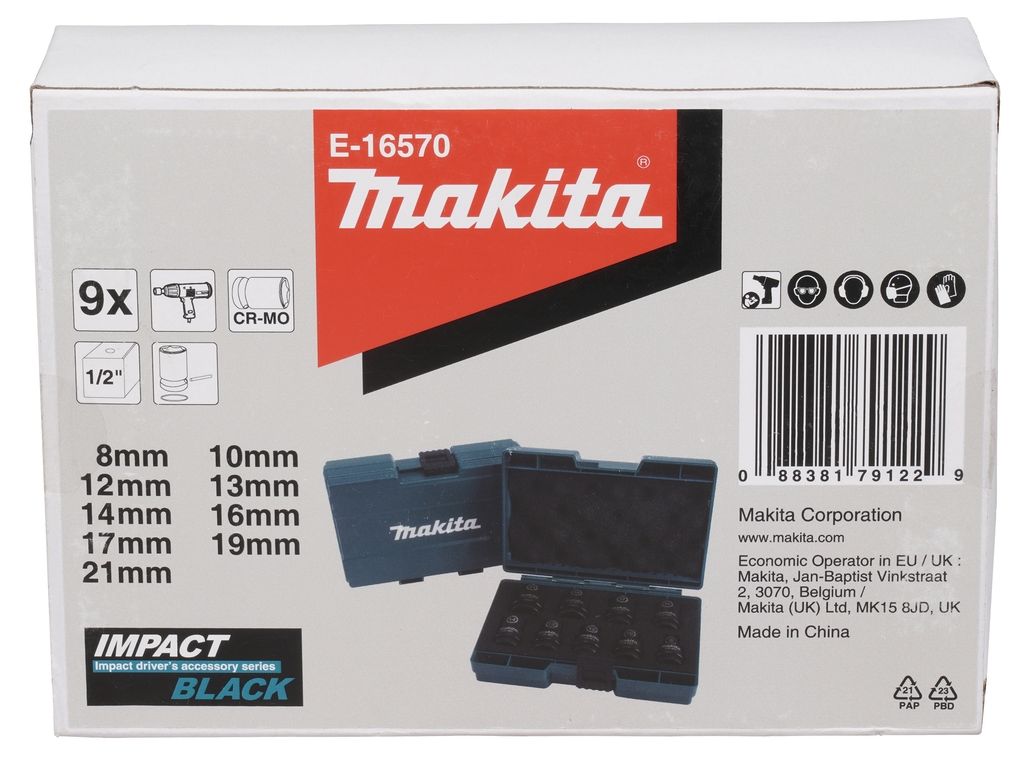 Set di chiavi a bussola a impatto Makita Accessories E-16570, nere, da 1/2'', 9 pezzi