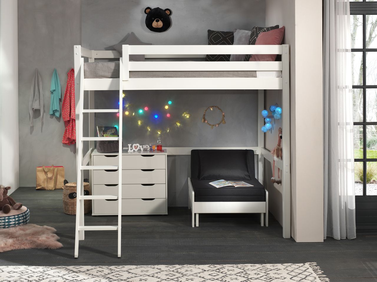 VIPACK Hochbett mit Liegefläche 140 x 200 cm inkl. Sesselbett und Schubladen Kommode