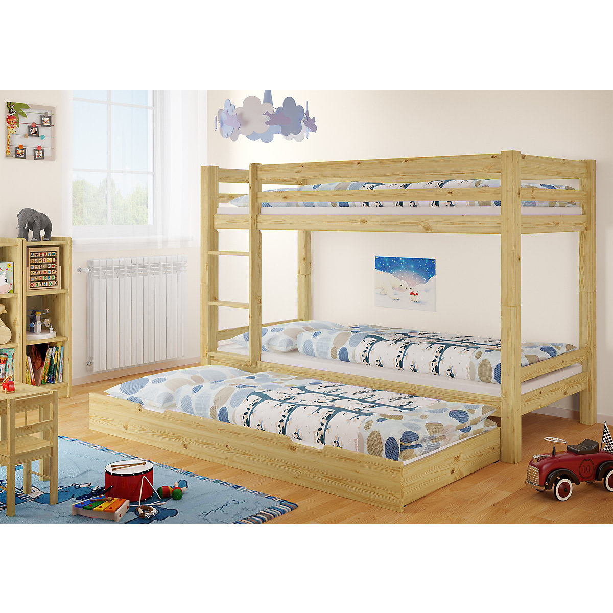 Etagenbett 90x200 Kiefer Rollrost, Matratzen u. Gästebettkasten