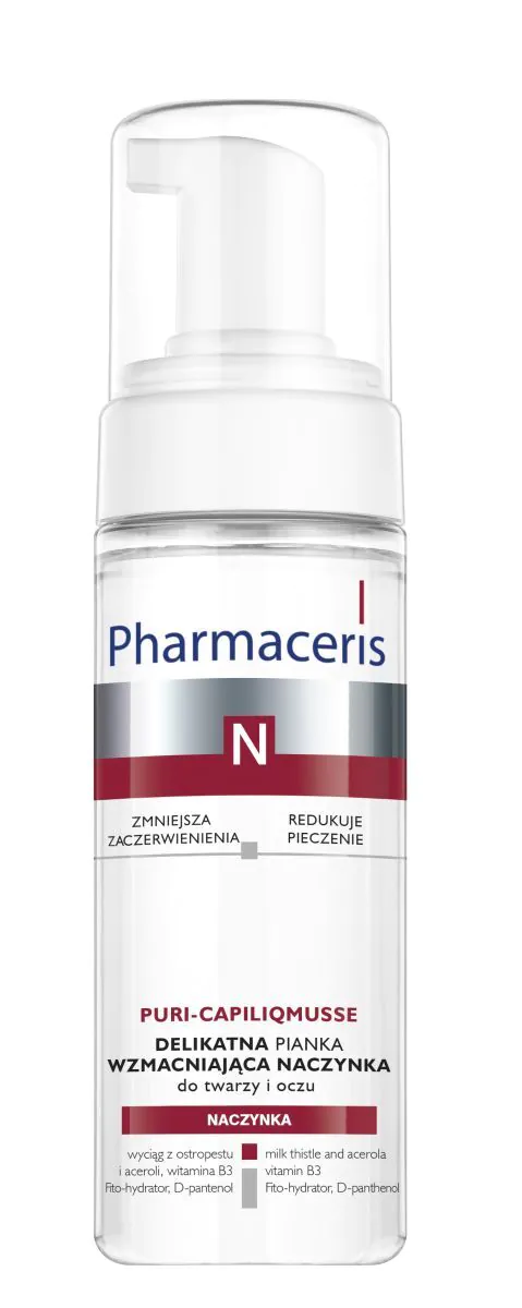 „Pharmaceris N Puri-Capilium“ švelnios veido ir paakių valomosios putos, stiprinančios kapiliarus.
