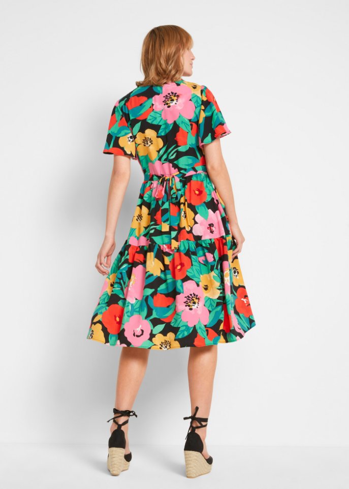 Bedrucktes Midi-Viskosekleid mit V-Ausschnitt