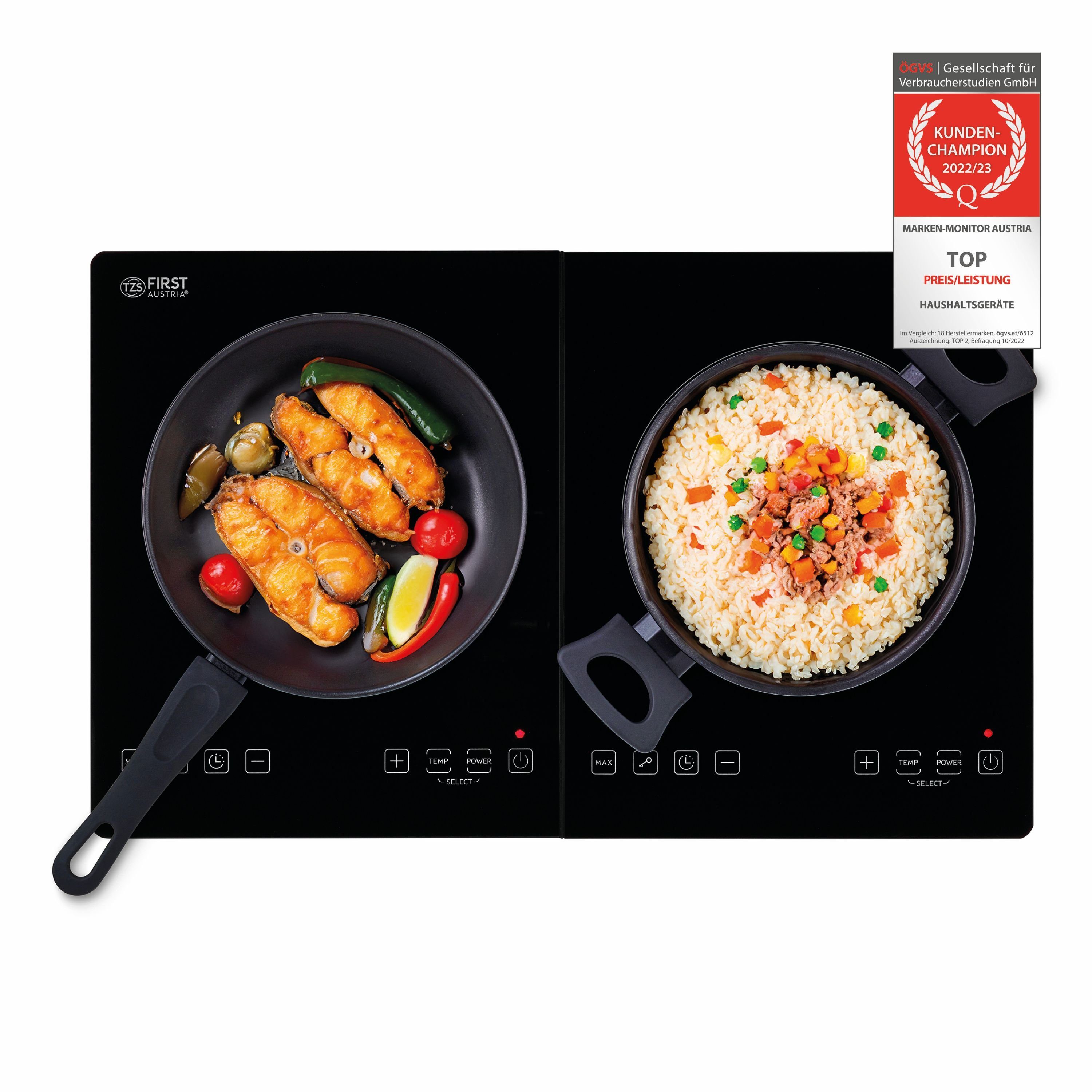 TZS FIRST AUSTRIA Doppelkochplatte Induktion Kochplatte, 3500W, Keramik, Temperaturregelung, Temperaturregelung, Glaskeramik, Doppelkochplatte