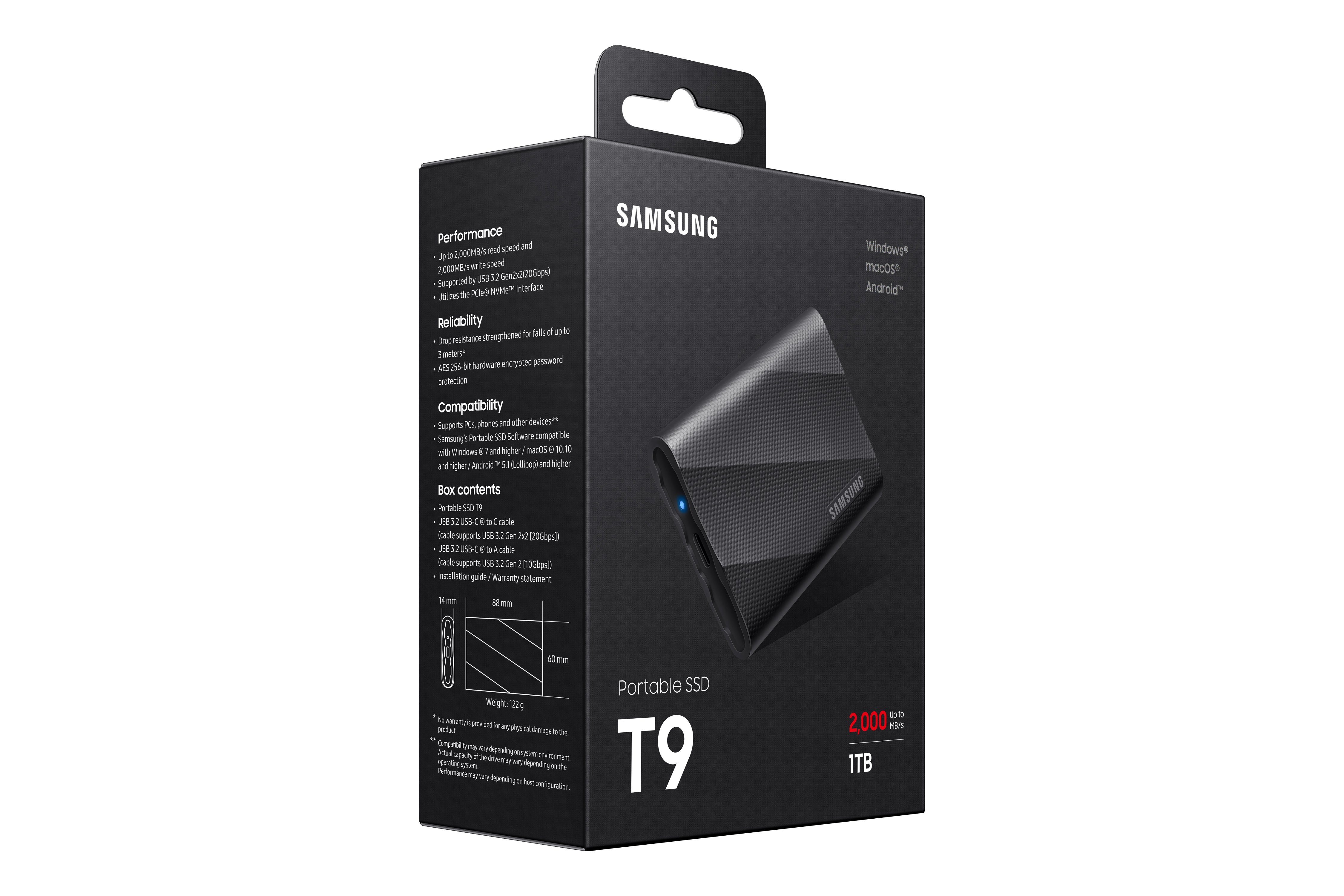 Samsung Portable SSD T9 externe SSD (1 TB) 2000 MB/S Lesegeschwindigkeit, 1950 MB/S Schreibgeschwindigkeit