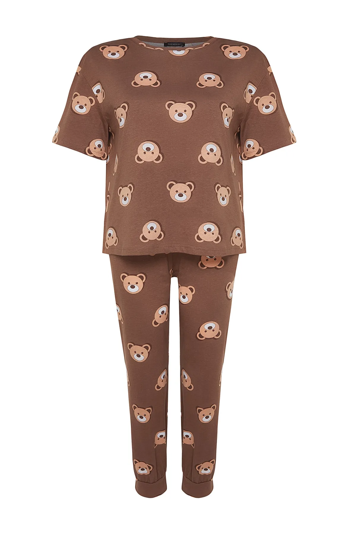Trendyol Curve  Braunes Pyjama-Set aus Strick mit Teddybär-Muster TBBAW23AI00039