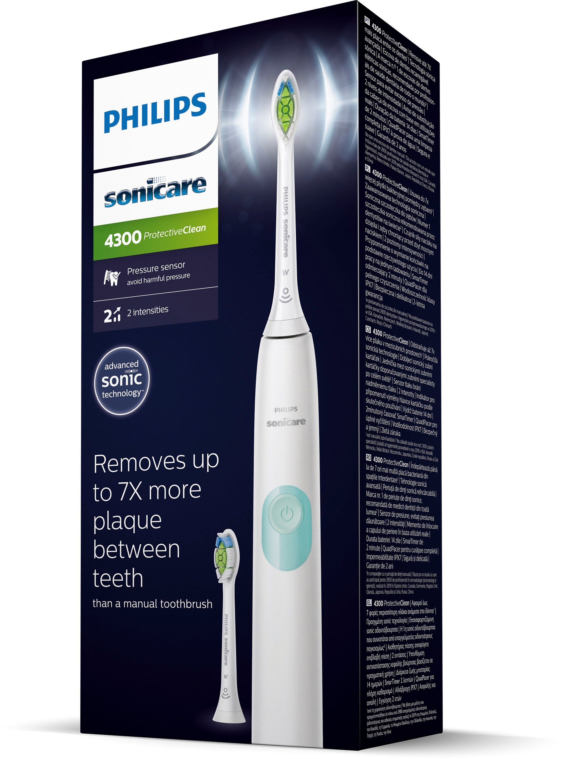Philips Sonicare Elektrische Zahnbürste HX6807/51, Aufsteckbürsten: 2 St., ProtectiveClean 4300 mit Schalltechnologie, inkl. Clean Putzprogramm