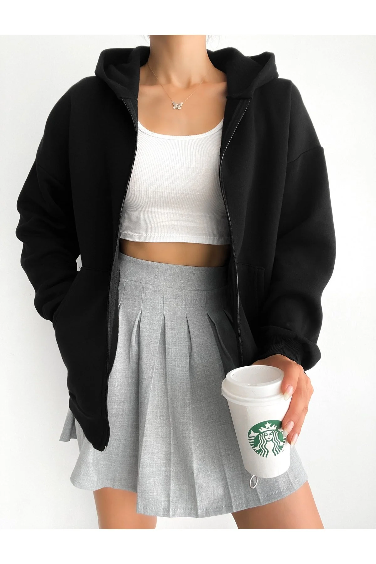 BEJNA  Schwarzer Oversize-Sweat-Cardigan mit Reißverschluss für Damen