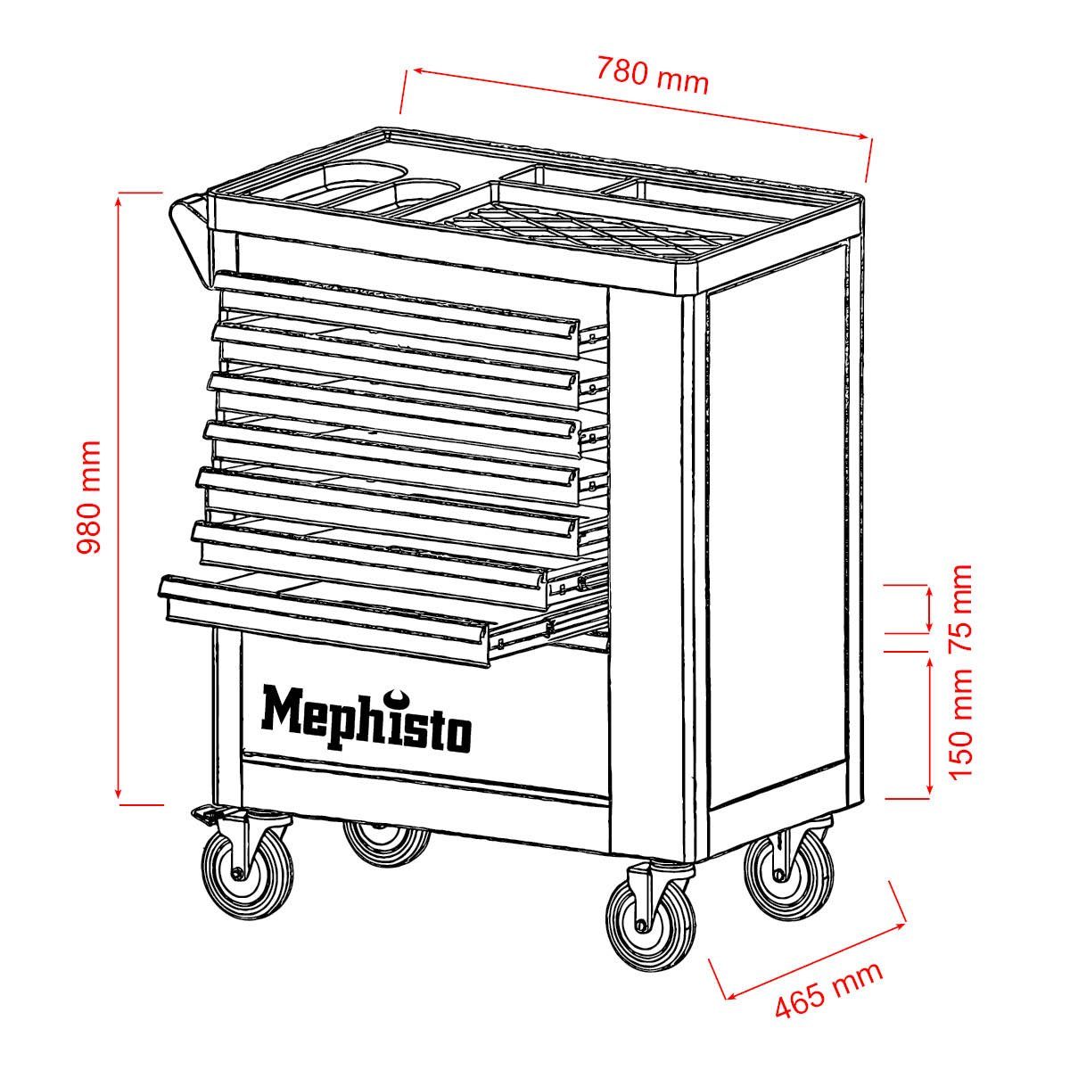 Mephisto-Tools Werkstattwagen, (fertig montiert und bestückt), 8 abschließbare Schubladen, je Schublade belastbar bis je 35 kg, 2 Schlüssel inkl., kugelgelagerte Rollen mit Gummierter Beschichtung, Werkzeug ist aus hochwertigem Chrom Vanadium Stahl,