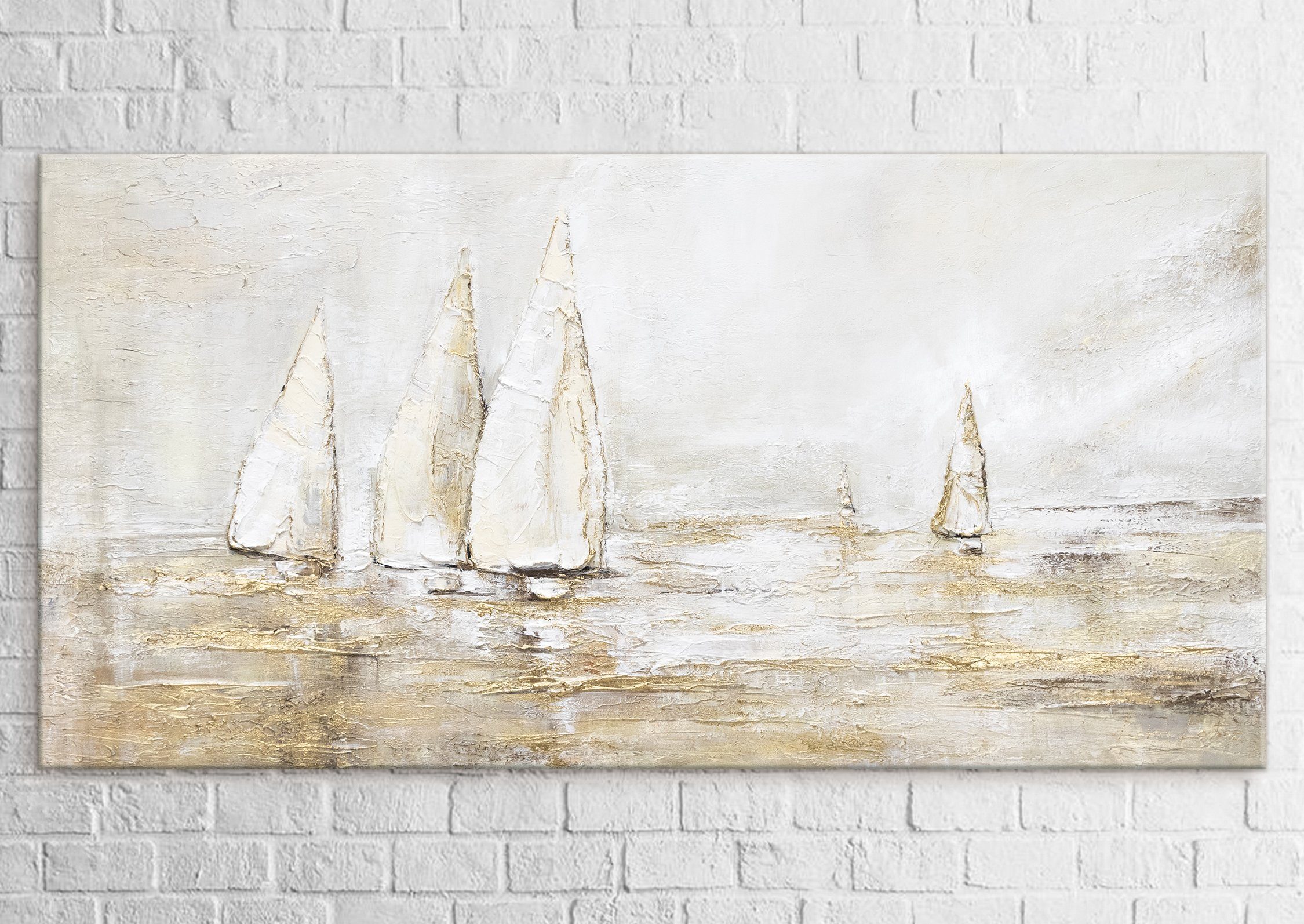 YS-Art Gemälde Sonnenblendung, Landschaftsbilder, Gold Segelboote Meer Wasser Leinwand Bild Handgemalt