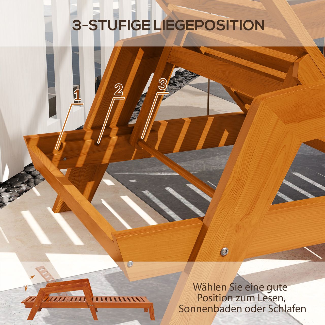 Outsunny Sonnenliege, Gartenliege aus Holz, Wetterfest Relaxliege für Balkon