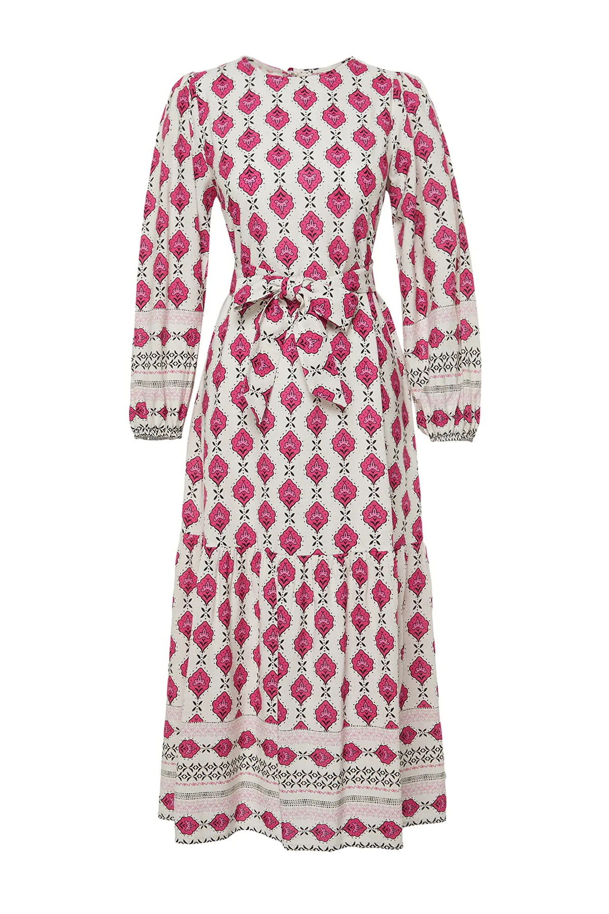 Trendyol Modest  Gewebtes Kleid in Leinenoptik mit ethnischem Muster in Fuchsia TCTSS24EB00062